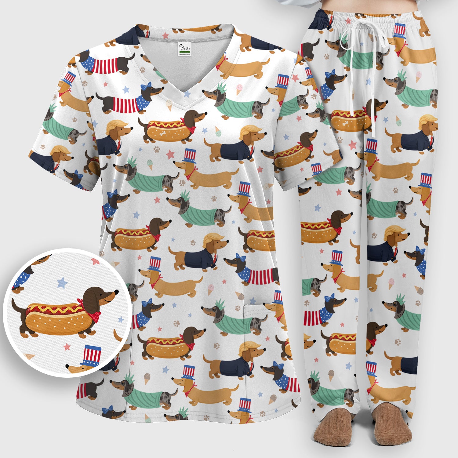 Funny Patriotic Dachshund Costume Dogs Scrub Set, Women's Scrub Sets
