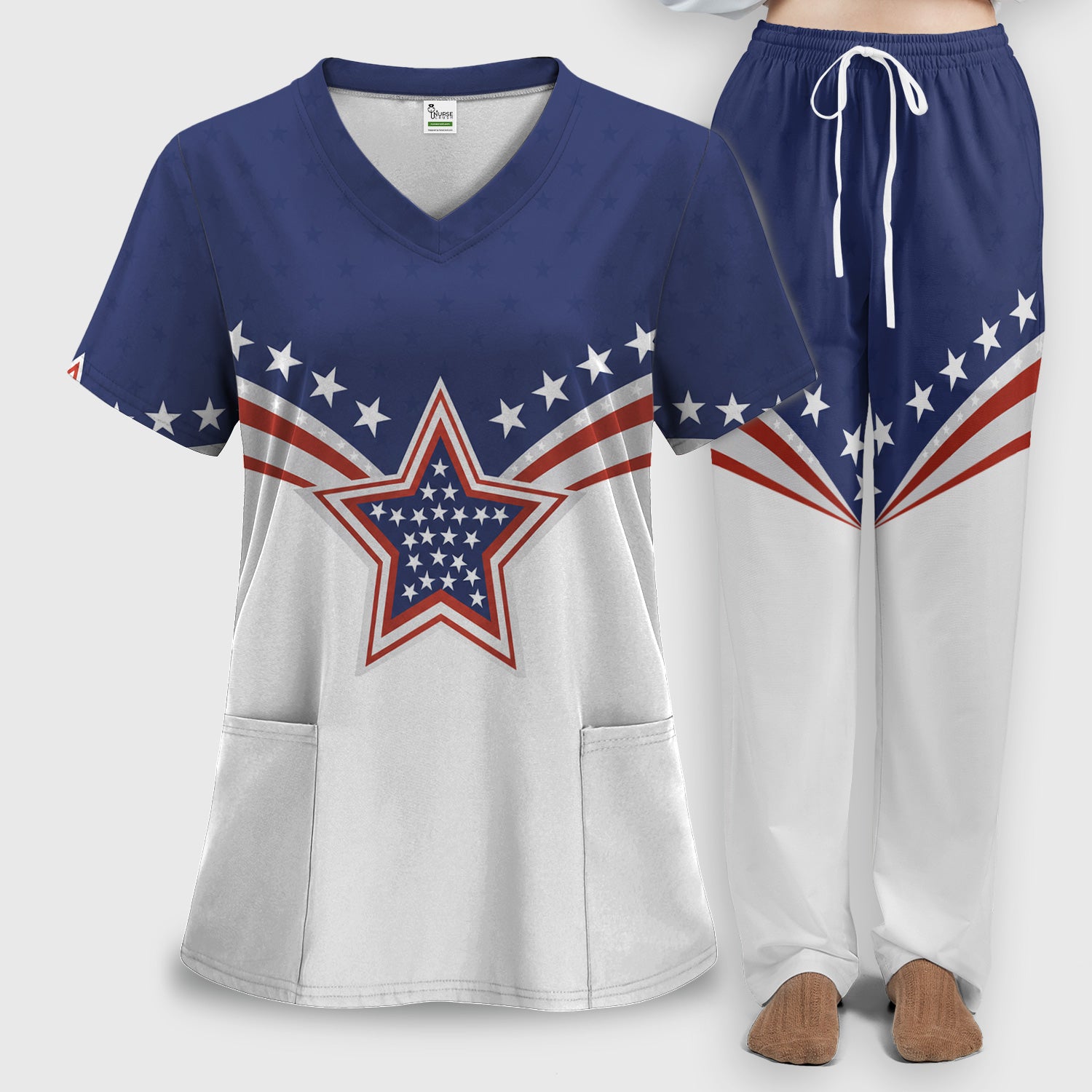 Patriotic American Flag Star Pattern Scrub Set, Scrub Pants and V Neck Top
