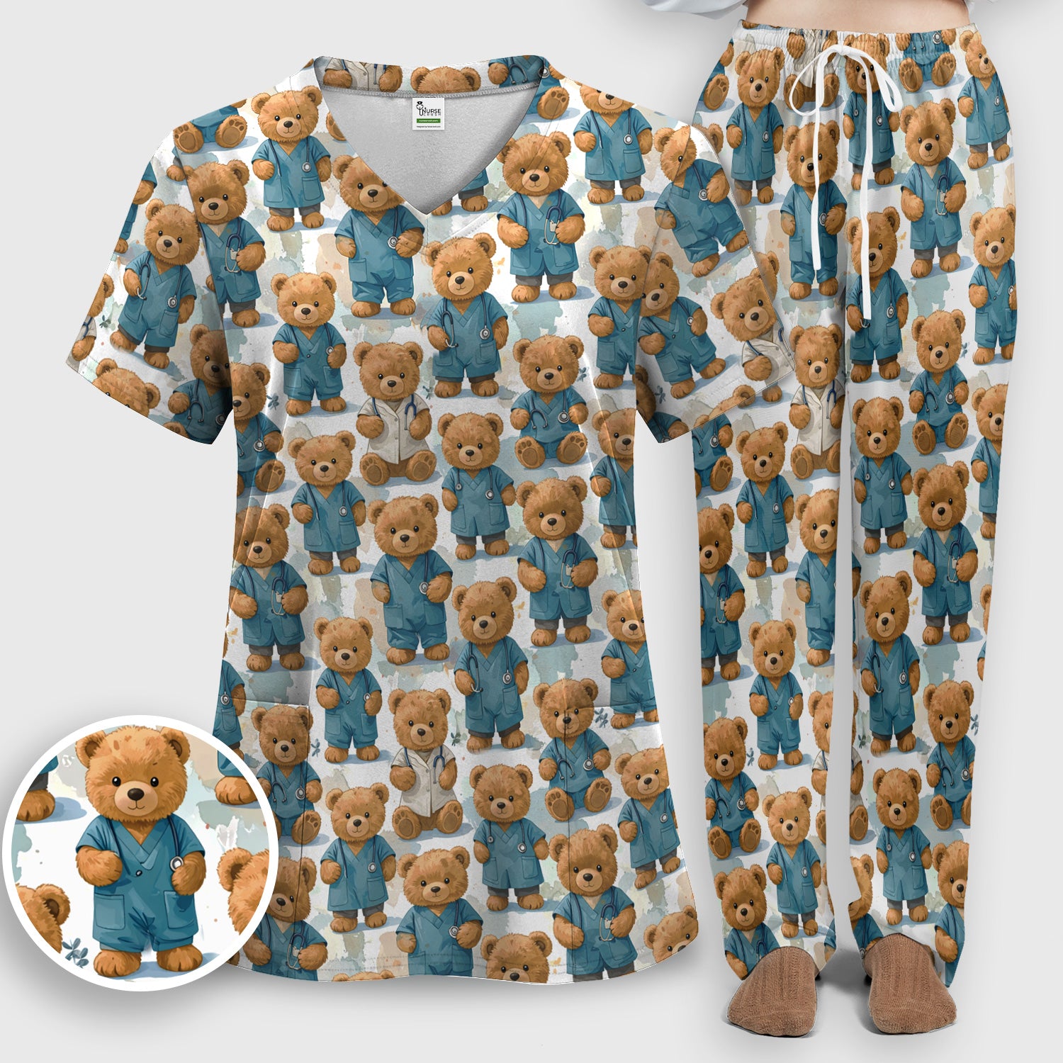 Teddy Bear Doctor Character Pattern Scrub Set, Scrub Pants and V Neck Top