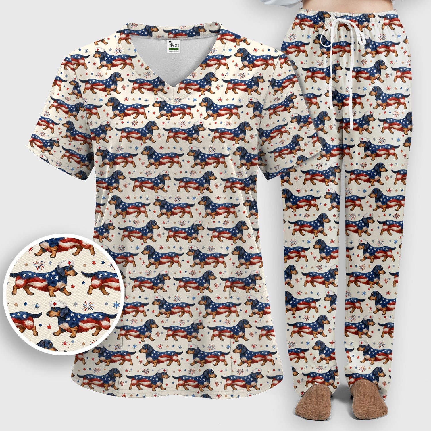 Patriotic Dachshund Dog American Flag Pattern Nurse Scrub Set, Scrub Pants and V Neck Top