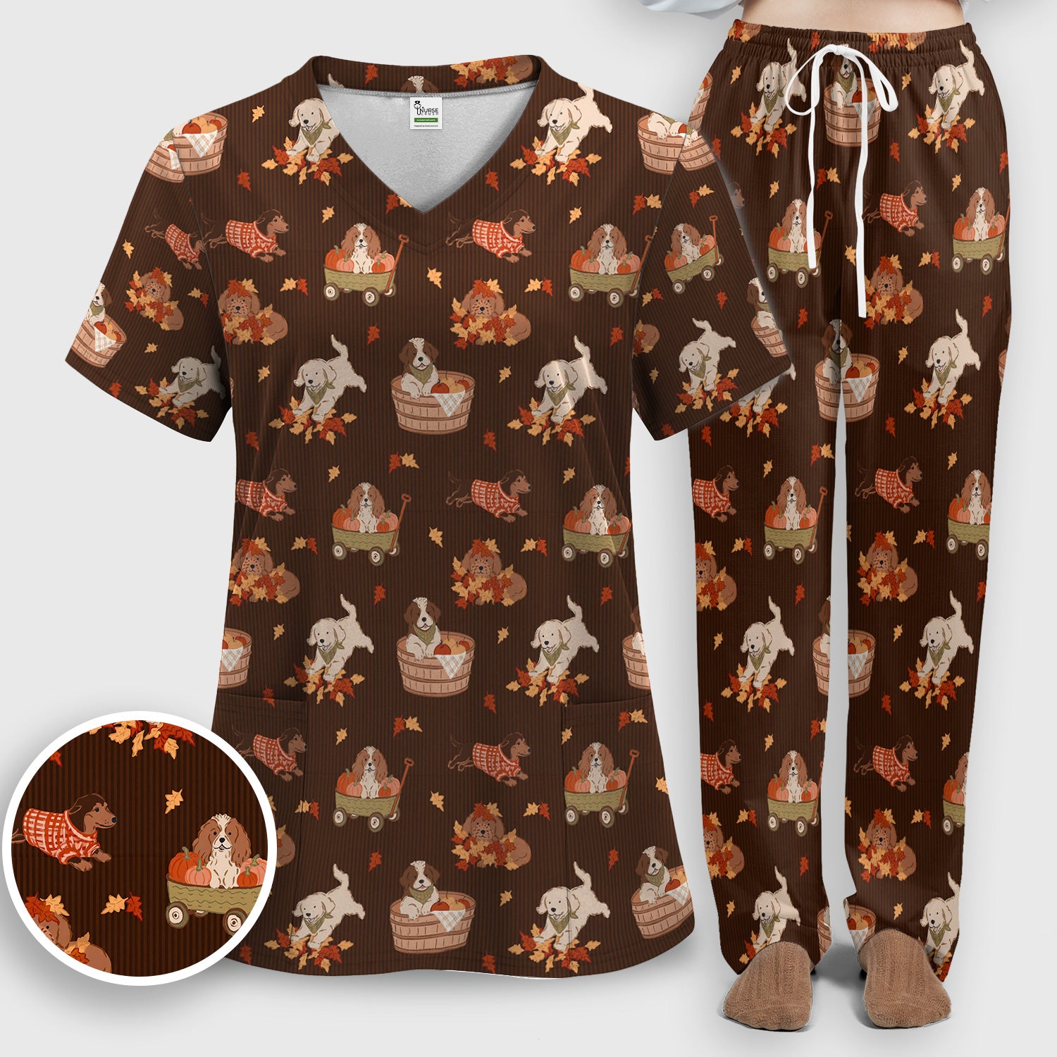 Cute Autumn Dogs And Falling Leaves Scrub Set, Scrub Pants and V Neck Top