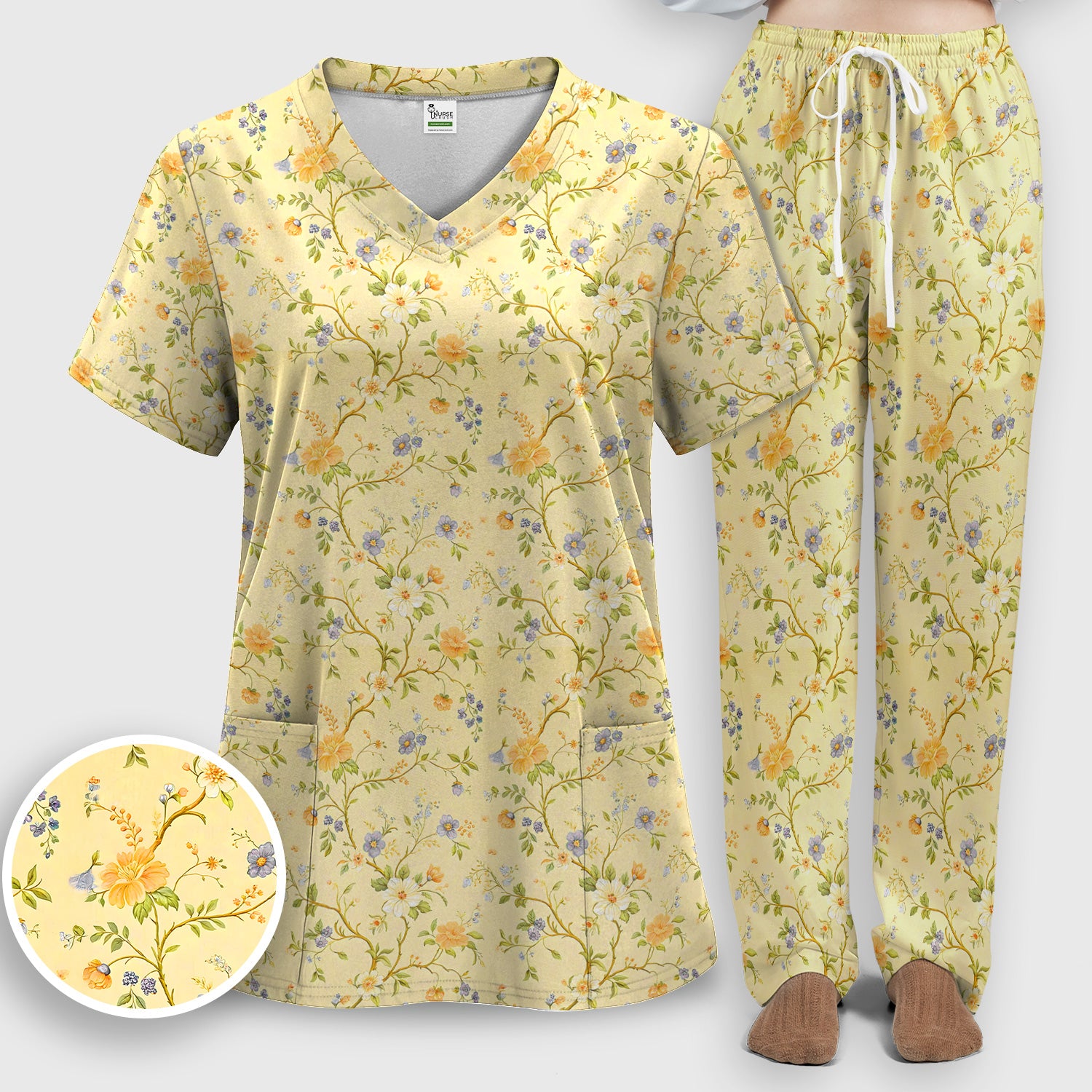 Sunny Wildflower Garden Floral Scrub Set, Scrub Pants and V Neck Top