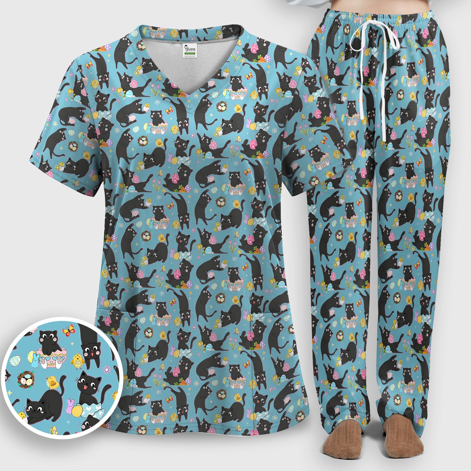 Playful Black Cat Easter Egg Pattern Scrub Set, Scrub Pants and V Neck Top