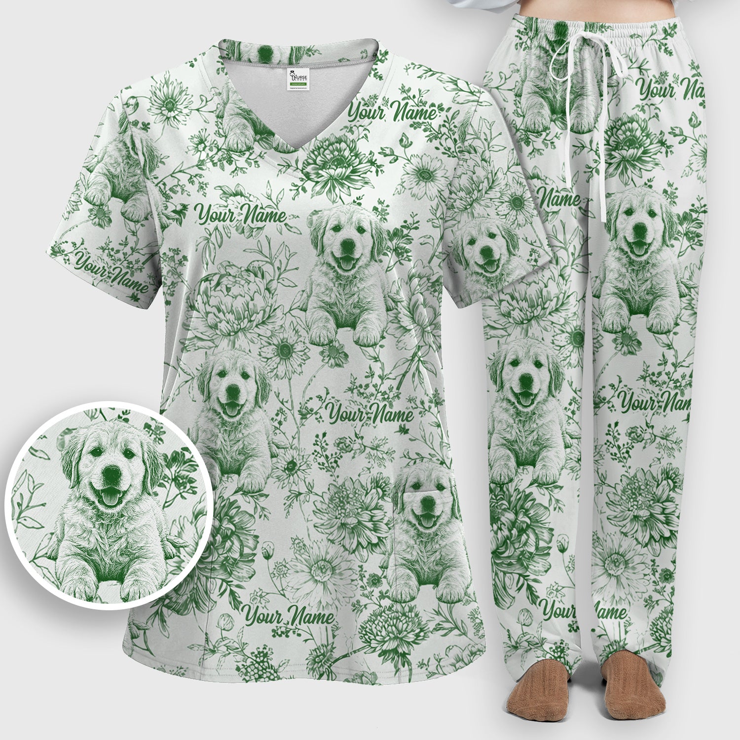 Personalized Custom Pet Photo Name Floral Pattern Scrub Set, Scrub Pants and V Neck Top