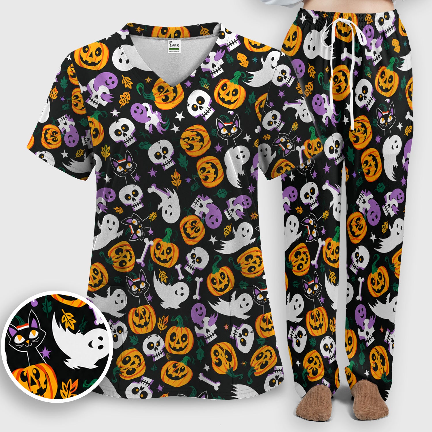 Spooky Pumpkin Ghost Print Scrub Set, Scrub Pants and V Neck Top