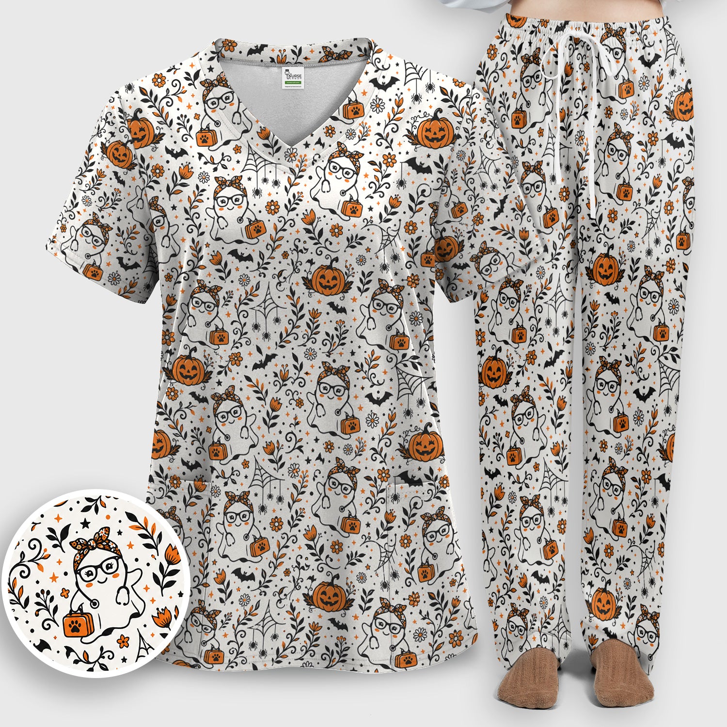 Cute Halloween Nurse Ghost And Pumpkins Scrub Set, Scrub Pants and V Neck Top
