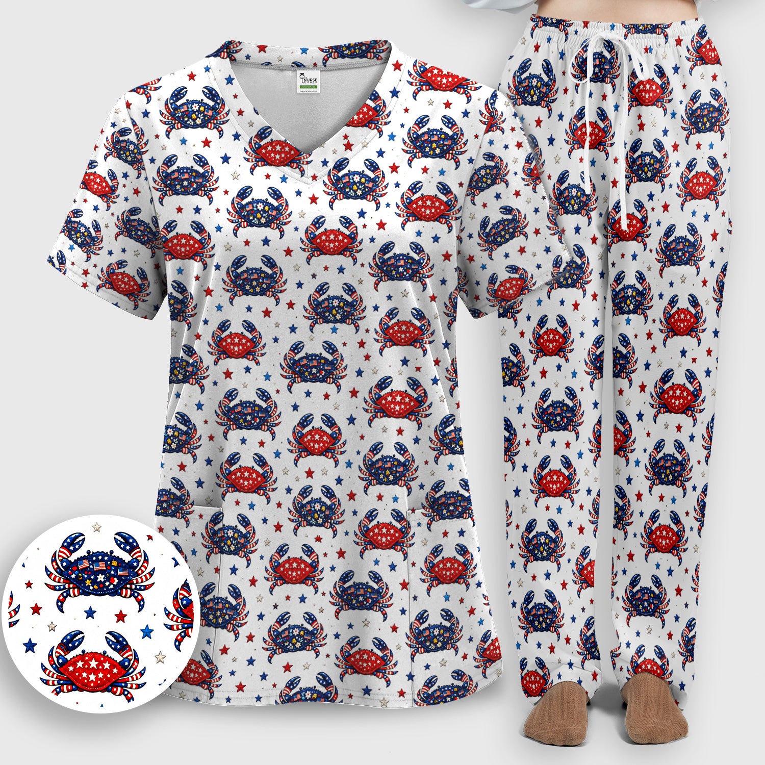 Patriotic Crab Stars Pattern Scrub Set, Scrub Pants and V Neck Top