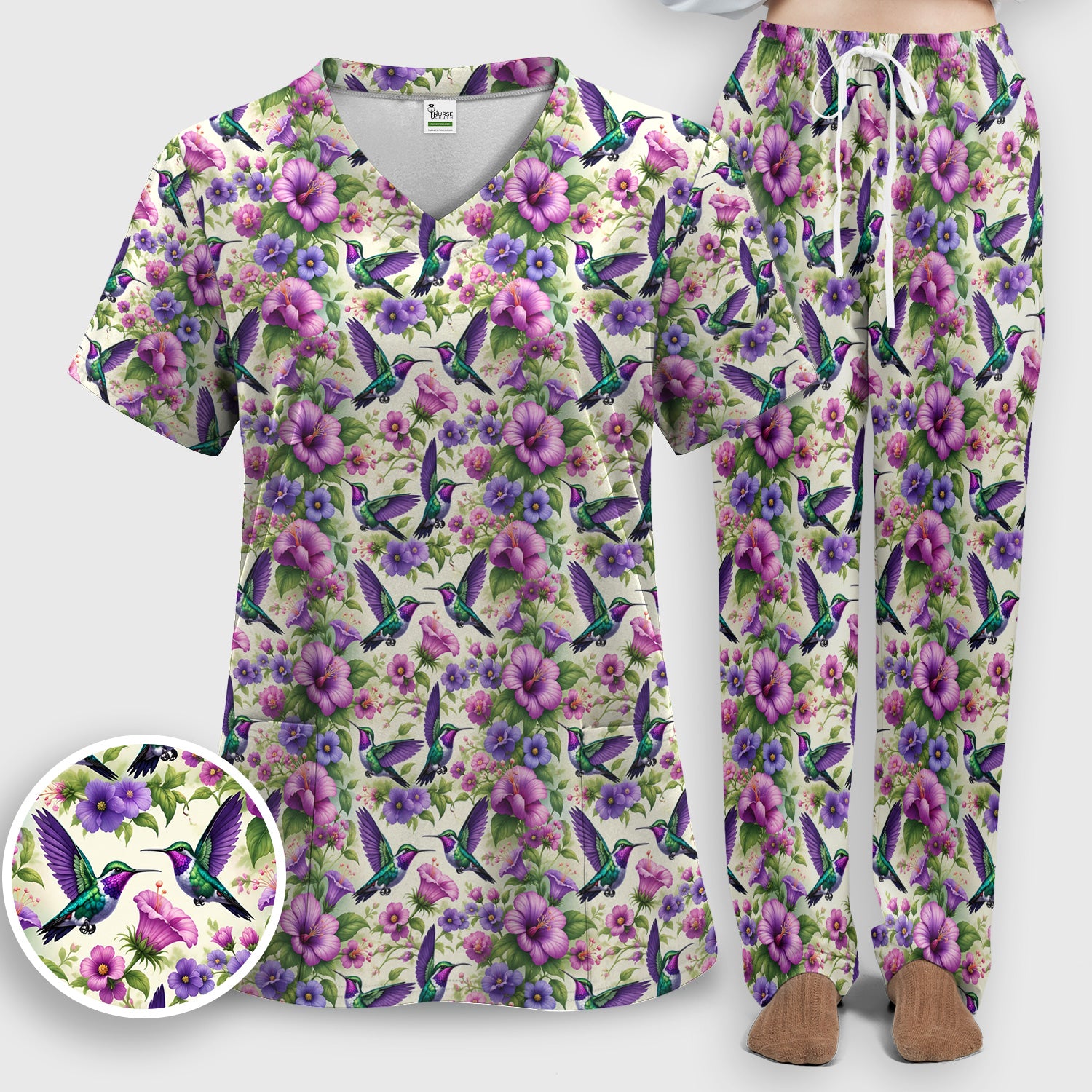 Purple Hummingbird Hibiscus Floral Pattern Scrub Set, Scrub Pants and V Neck Top