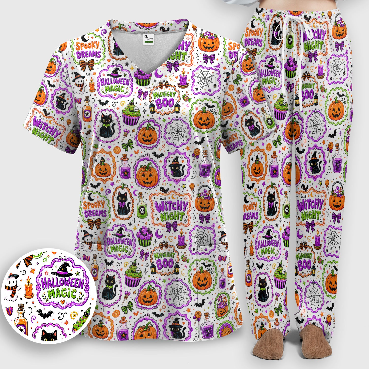 Witchy Halloween Magic And Pumpkins Scrub Set, Scrub Pants and V Neck Top