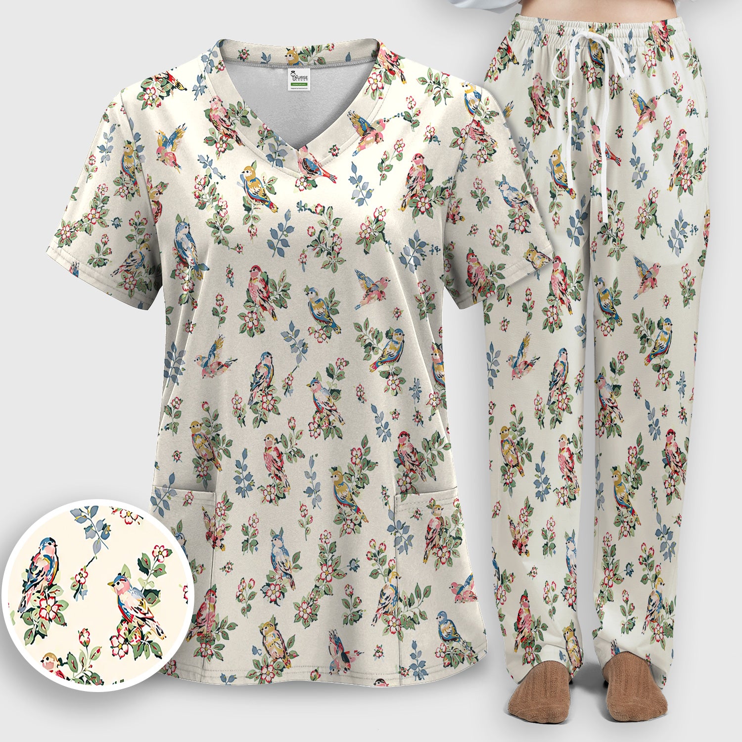 Cute Vintage Birds Blossom Pattern Scrub Set, Scrub Pants and V Neck Top
