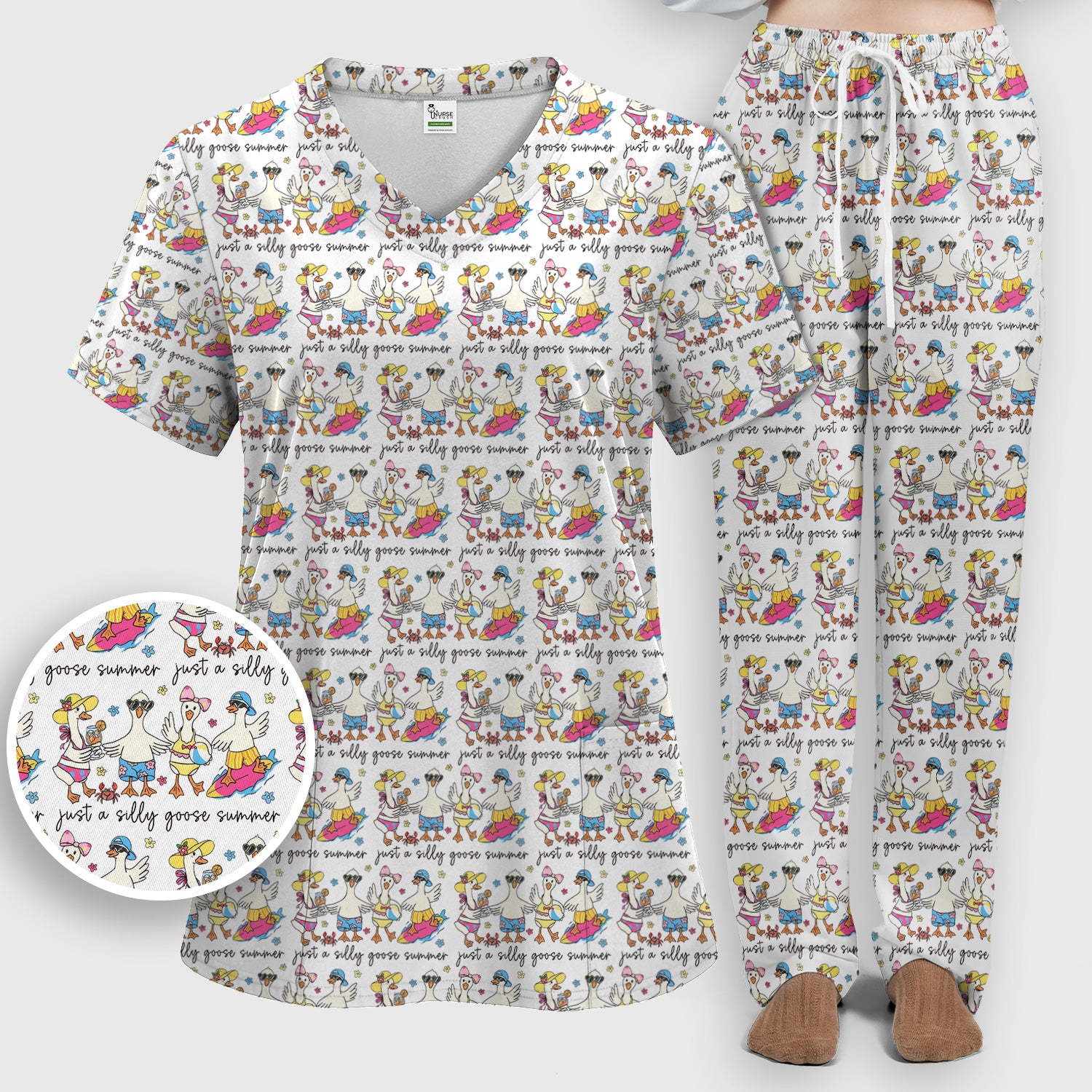 Funny Goose Summer Beach Pattern Scrub Set, Scrub Pants and V Neck Top
