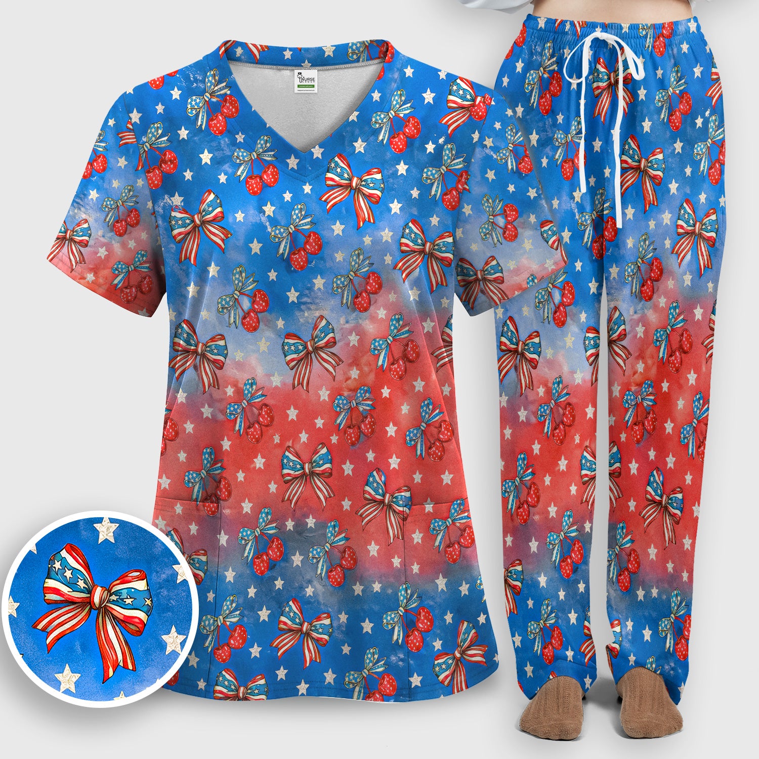 Festive Patriotic Star Bow Cherry Pattern Scrub Set, Scrub Pants and V Neck Top