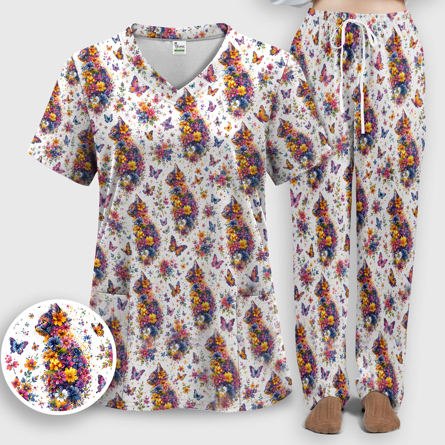 Cute Floral Cat With Butterfly Pattern Scrub Set, Scrub Pants and V Neck Top