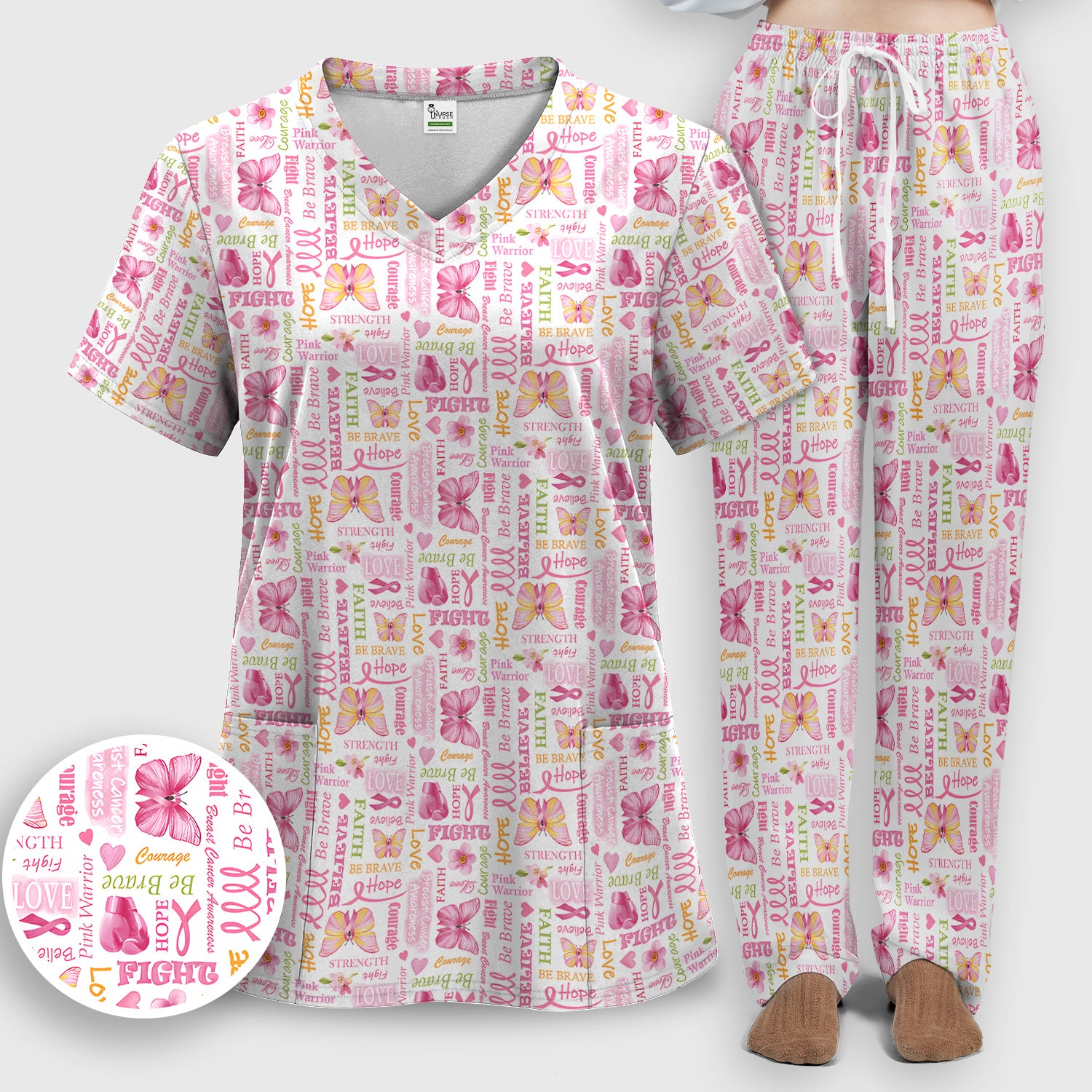 Pink Ribbon Butterfly Print Scrub Set, Scrub Pants and V Neck Top