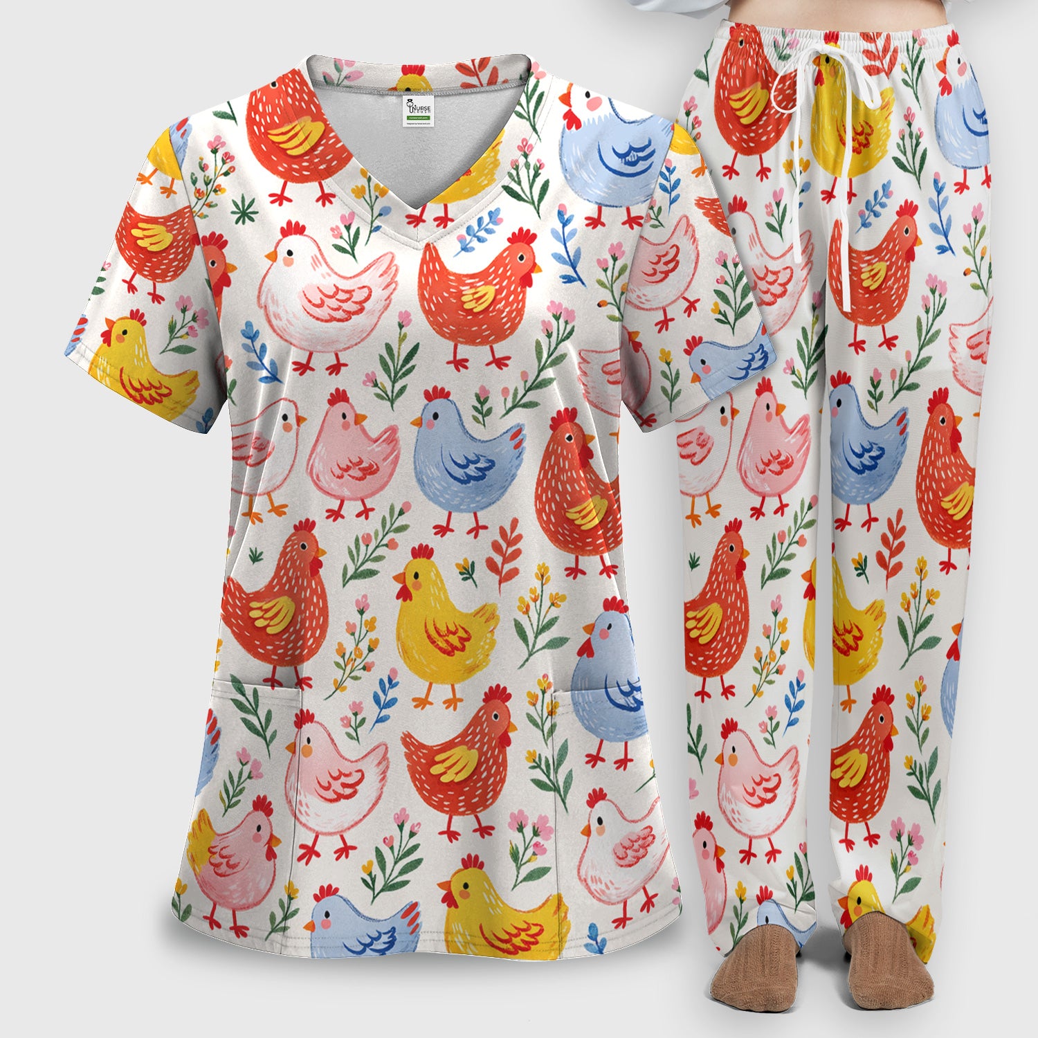 Fun Cartoon Hen Print Scrub Set, Scrub Pants and V Neck Top