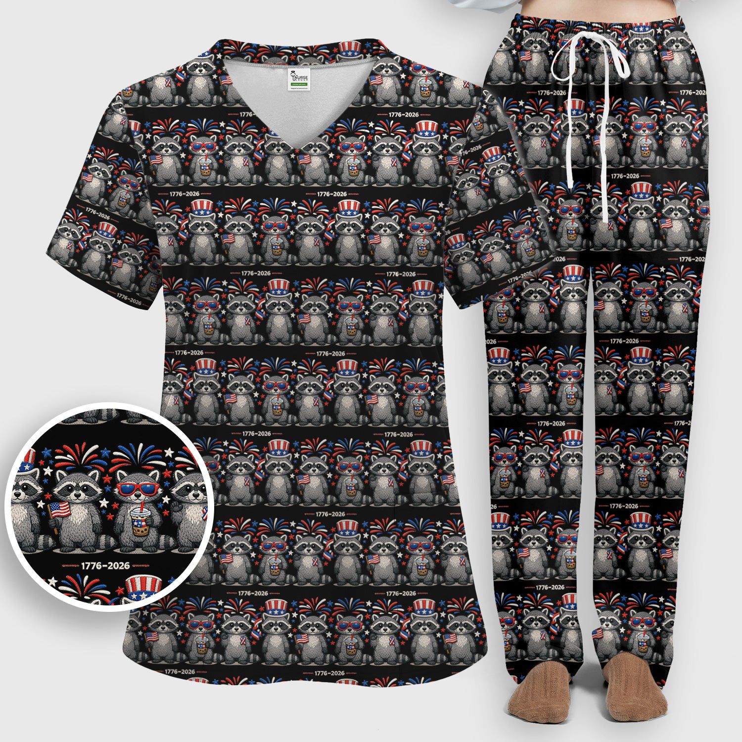 Patriotic Raccoon Fireworks Stripe Pattern Scrub Set, Scrub Pants and V Neck Top