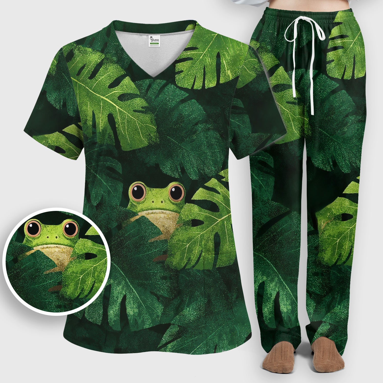 Cute Frog Hiding Jungle Leaves Pattern Nurse Scrub Set, Scrub Pants and V Neck Top