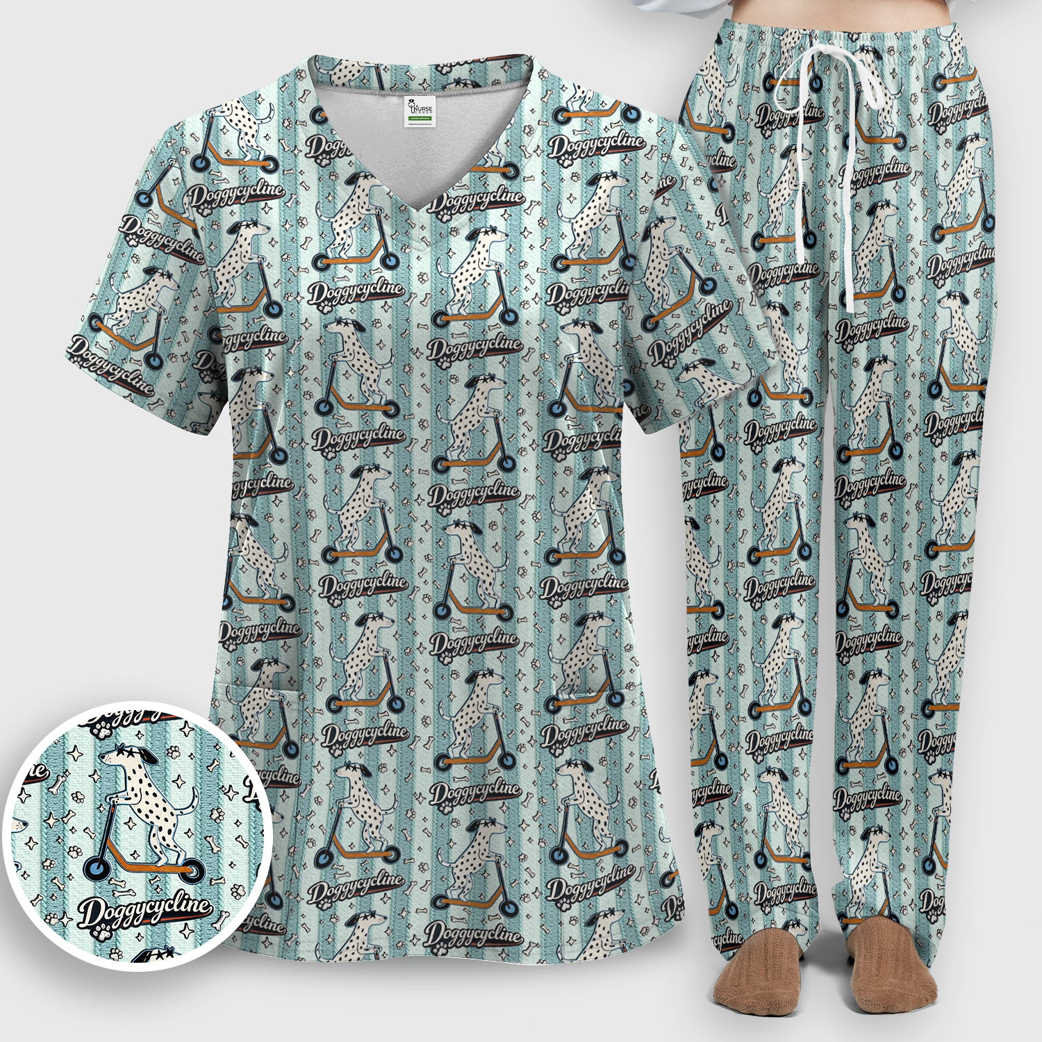 Veterinary Dalmatian Dog Pattern Scrub Set, Scrub Pants and V Neck Top