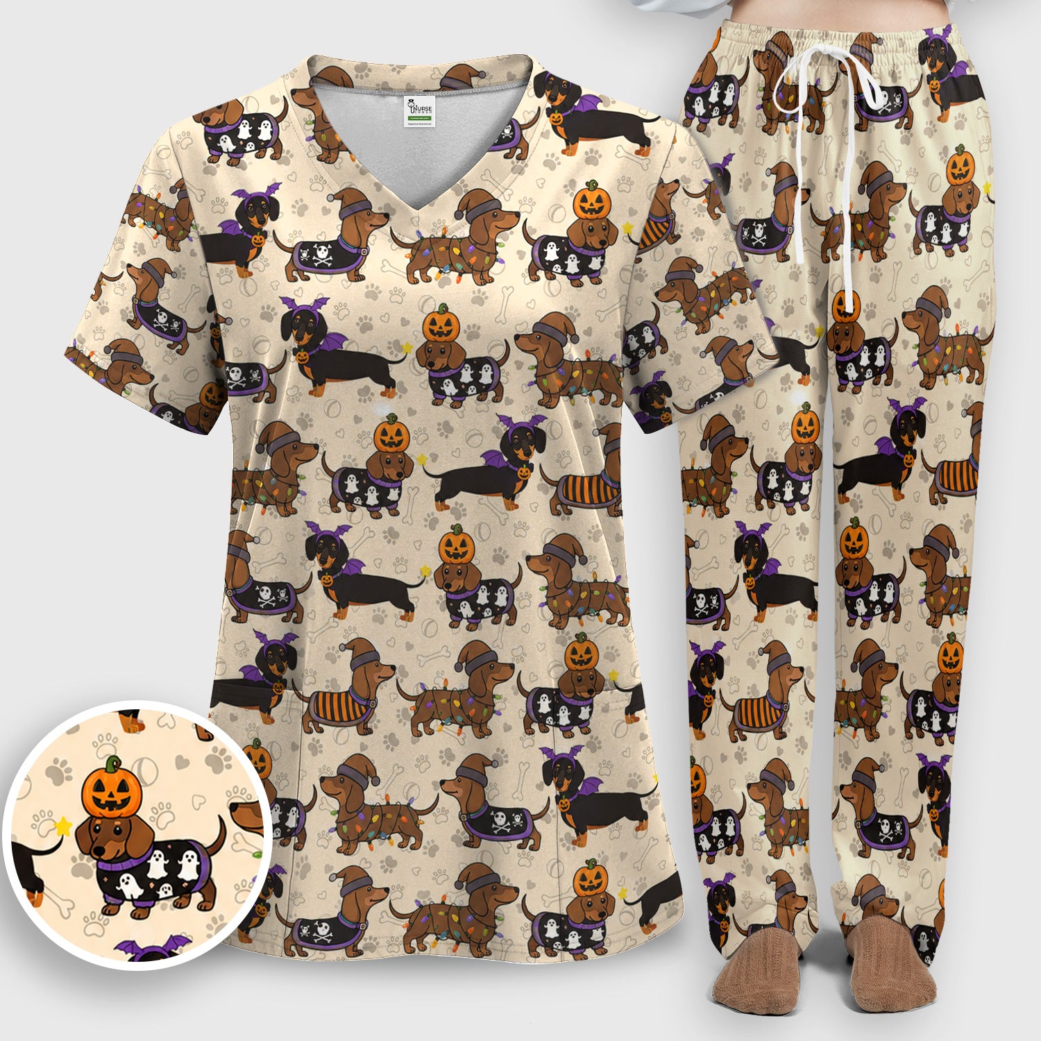 Halloween Dachshund with Pumpkin Ghost Print Scrub Set, Scrub Pants and V Neck Top