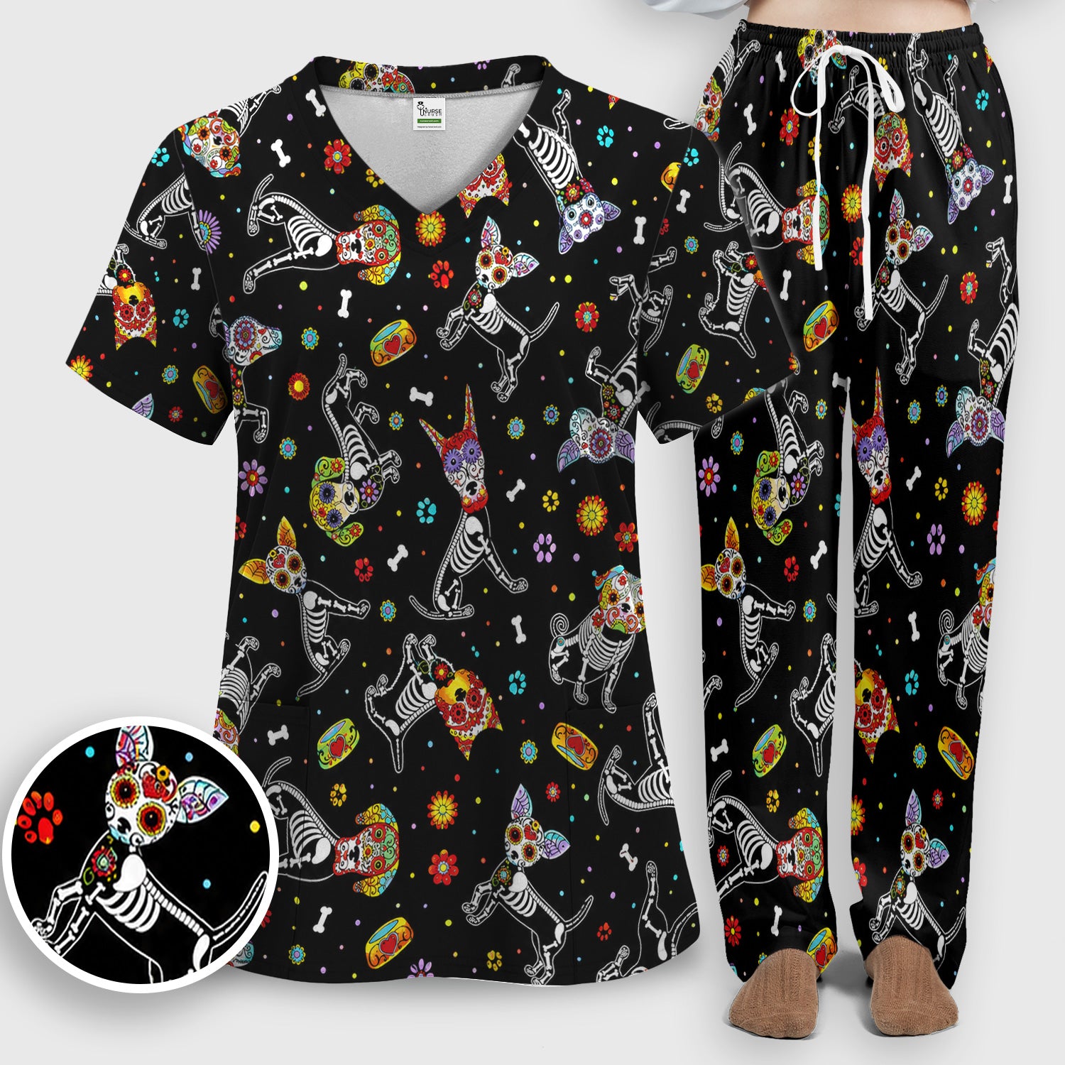 Colorful Day Of The Dead Dogs Scrub Set, Scrub Pants and V Neck Top