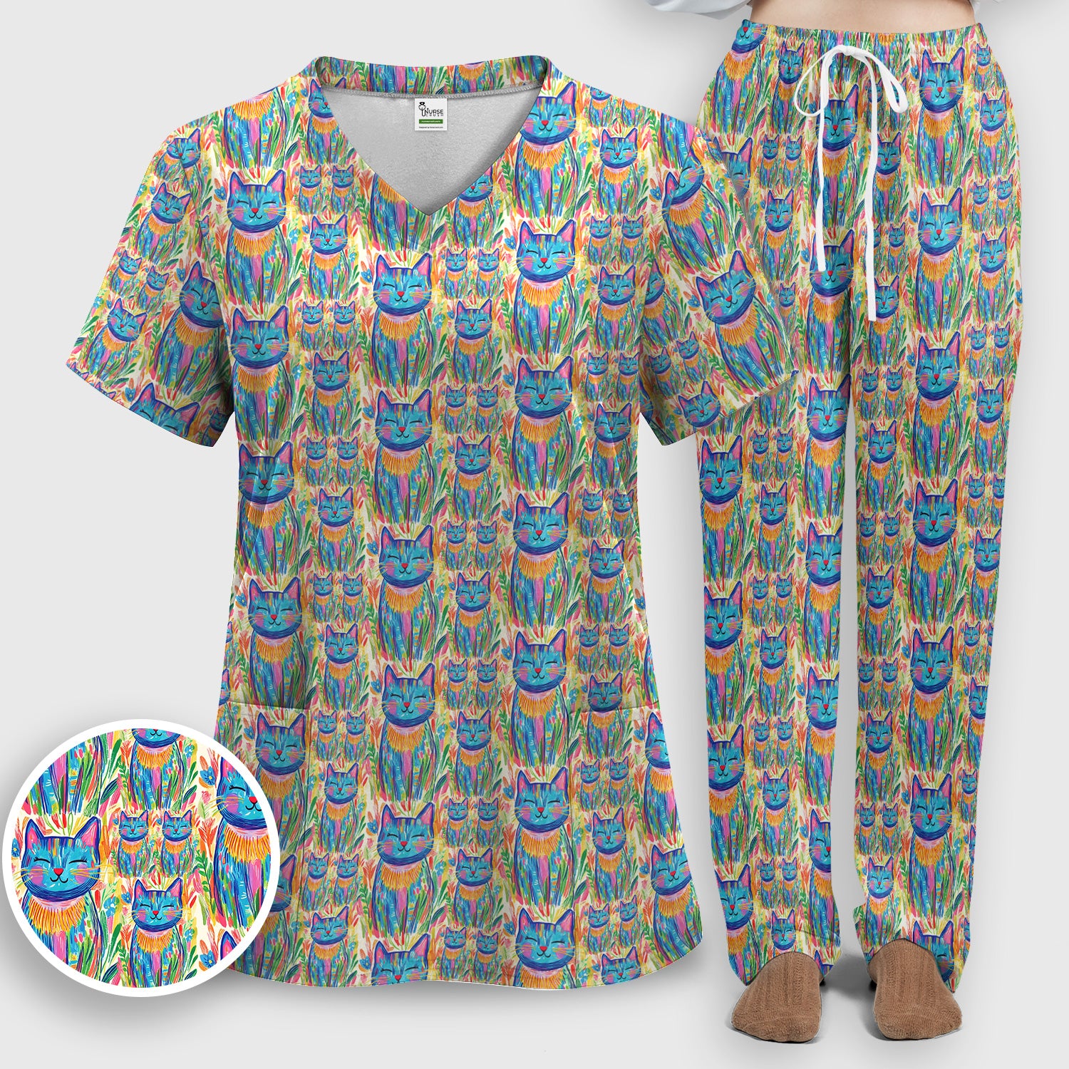 Colorful Rainbow Cat With Floral Brushstroke Scrub Set, Scrub Pants and V Neck Top