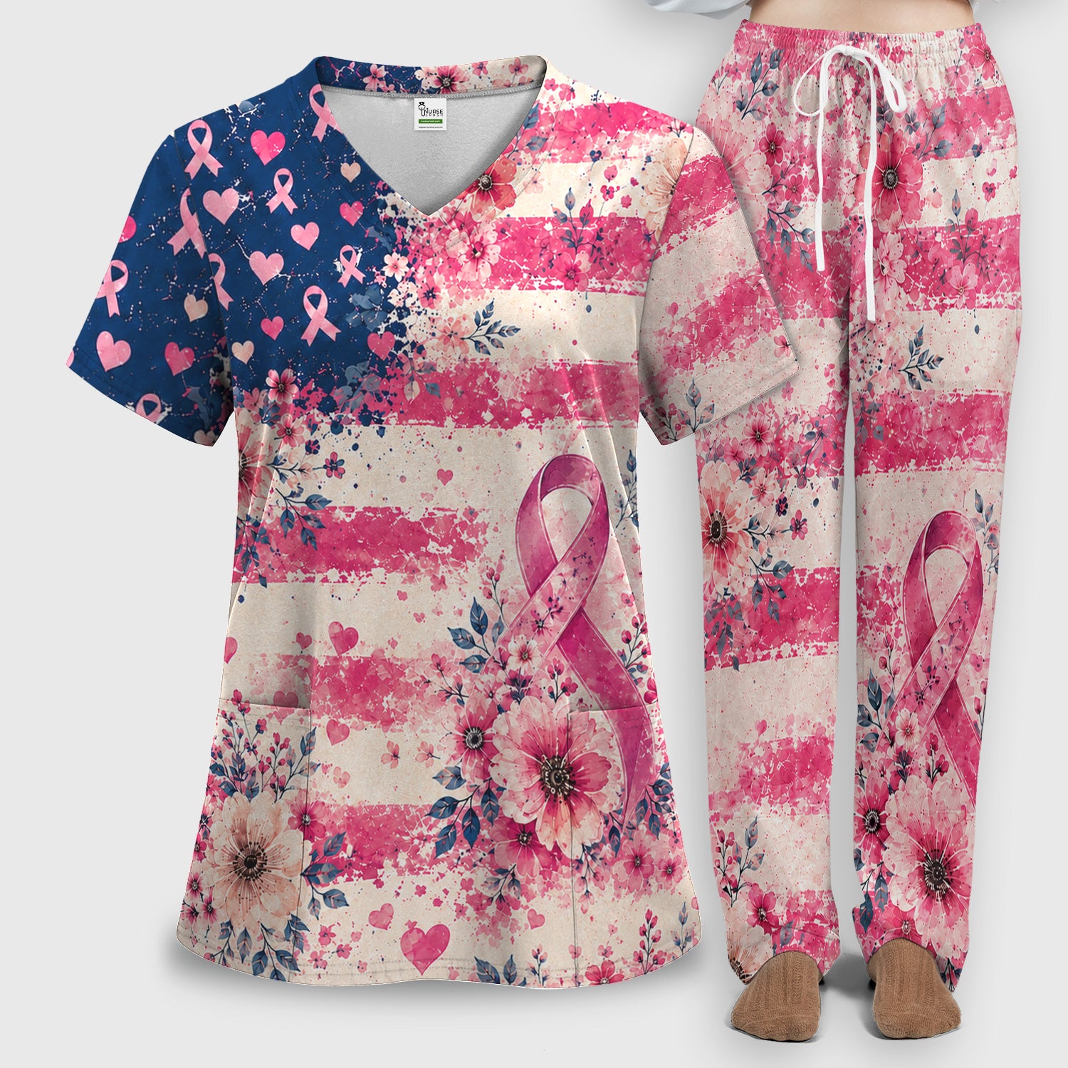 Breast Cancer Floral Flag Scrub Set, Scrub Pants and V Neck Top