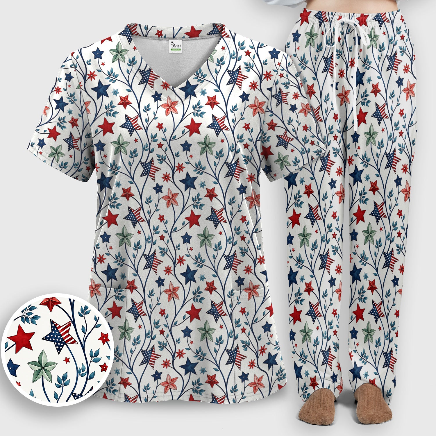 Patriotic Star Vine Floral Print Scrub Set, Scrub Pants and V Neck Top