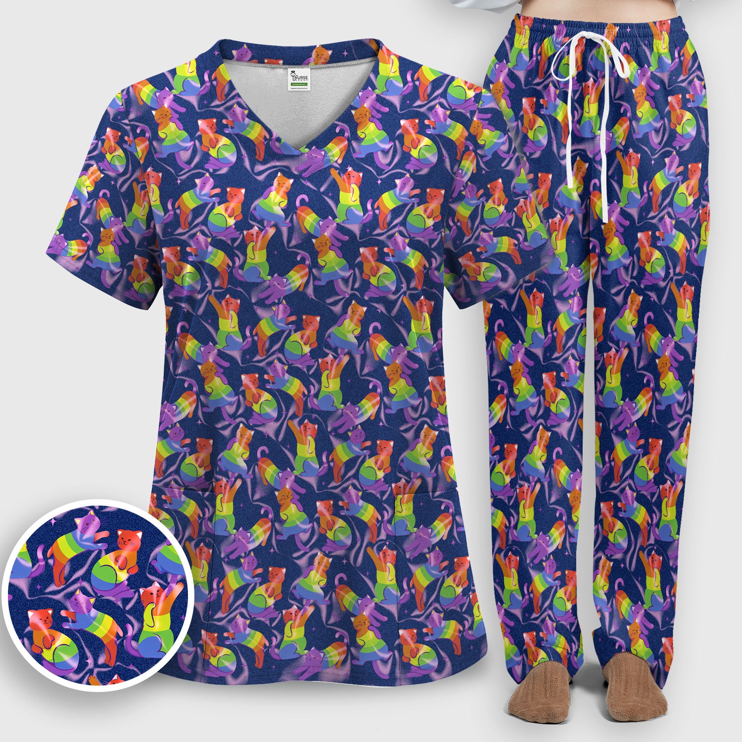 Rainbow Pride Cat Pattern Scrub Set, Scrub Pants and V Neck Top