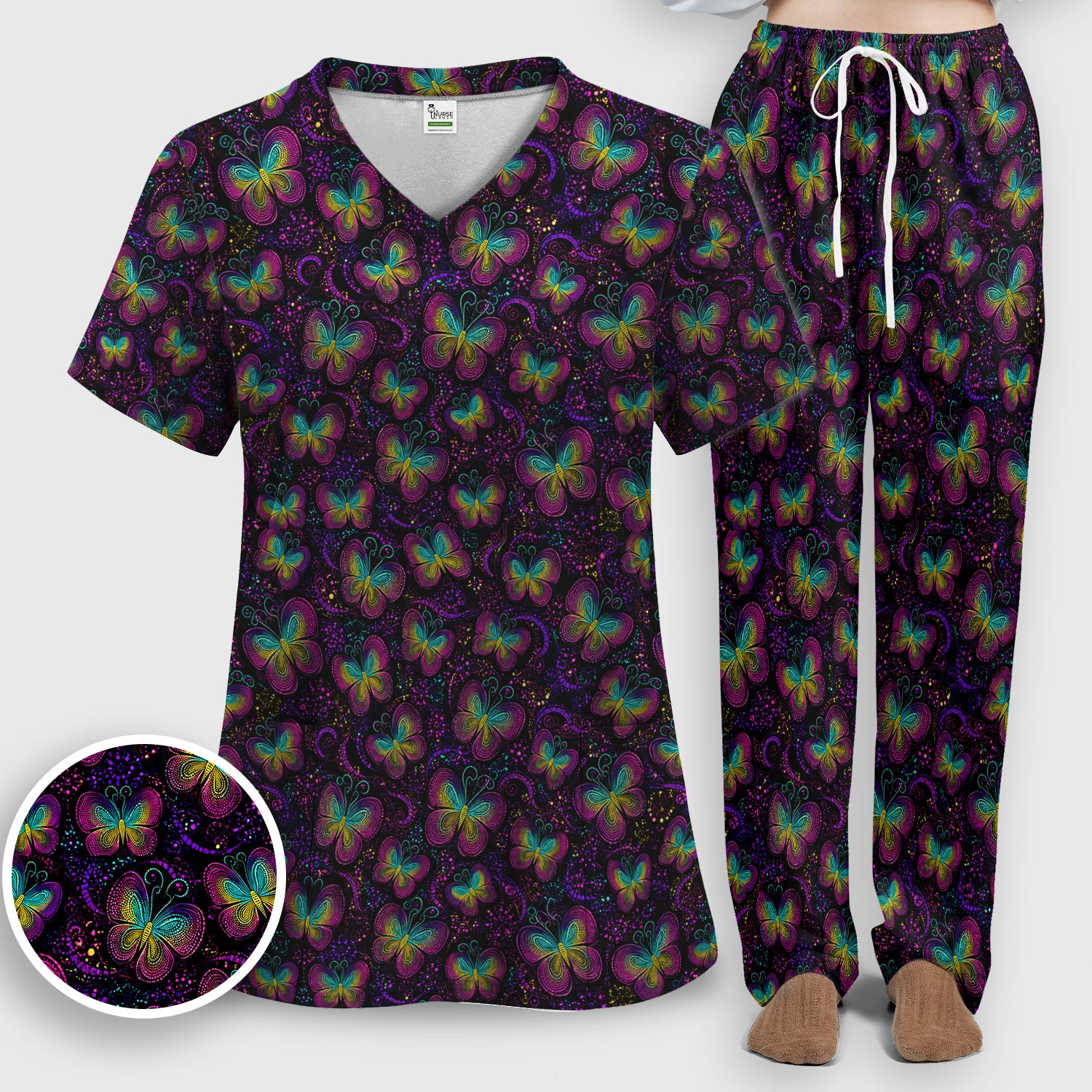 Cute Neon Butterfly Swirl Pattern Scrub Set, Scrub Pants and V Neck Top