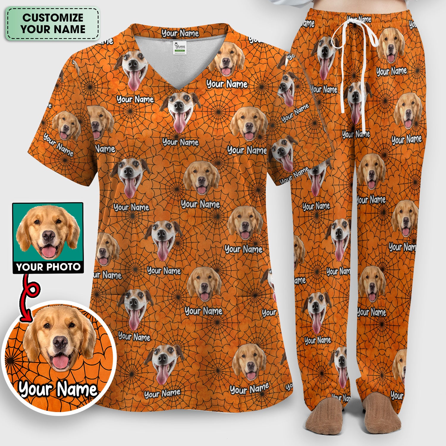 Personalized Halloween Dog Photo Spiderweb Scrub Set, Scrub Pants and V Neck Top