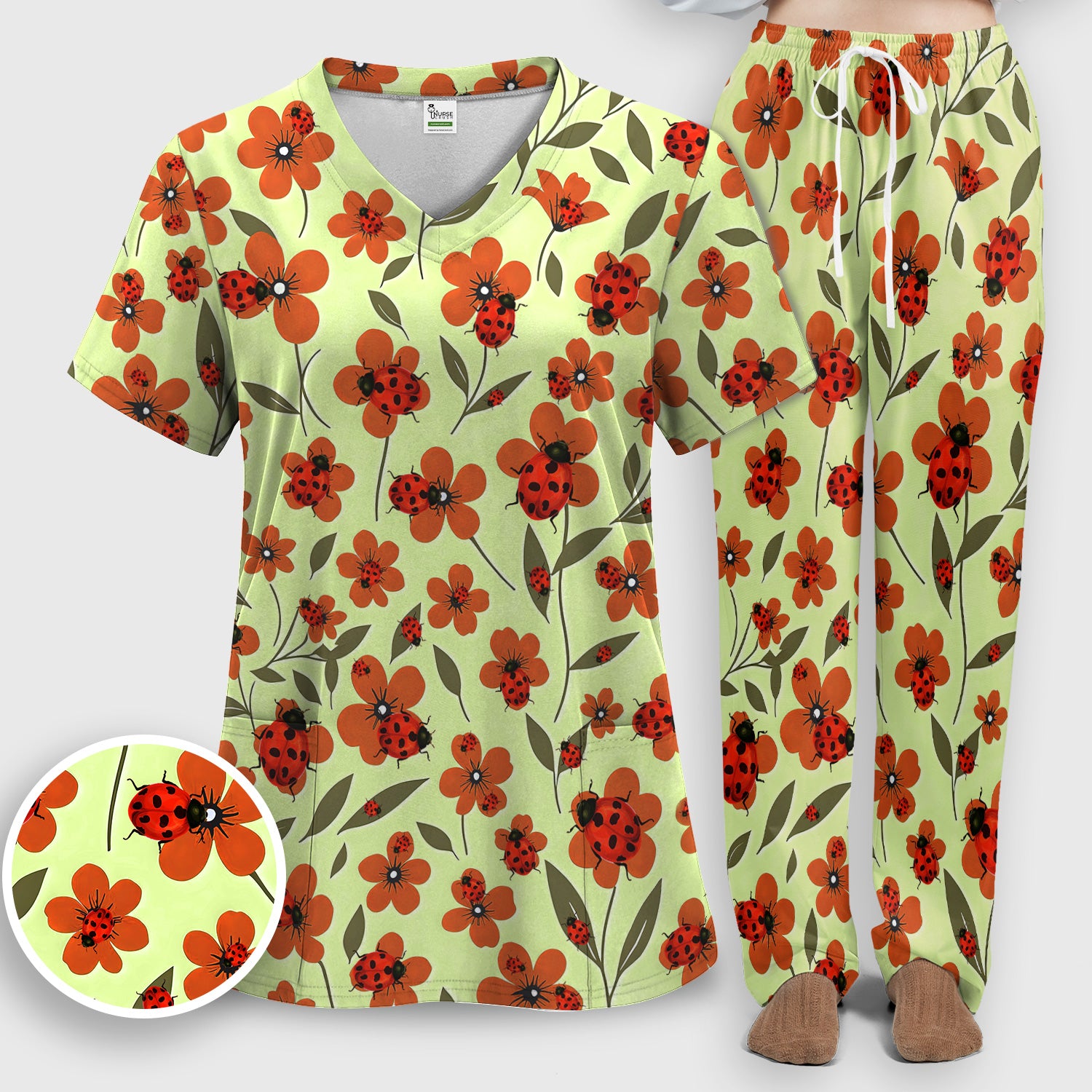 Ladybug on Orange Floral Garden Pattern Scrub Set, Breathable Med Uniform