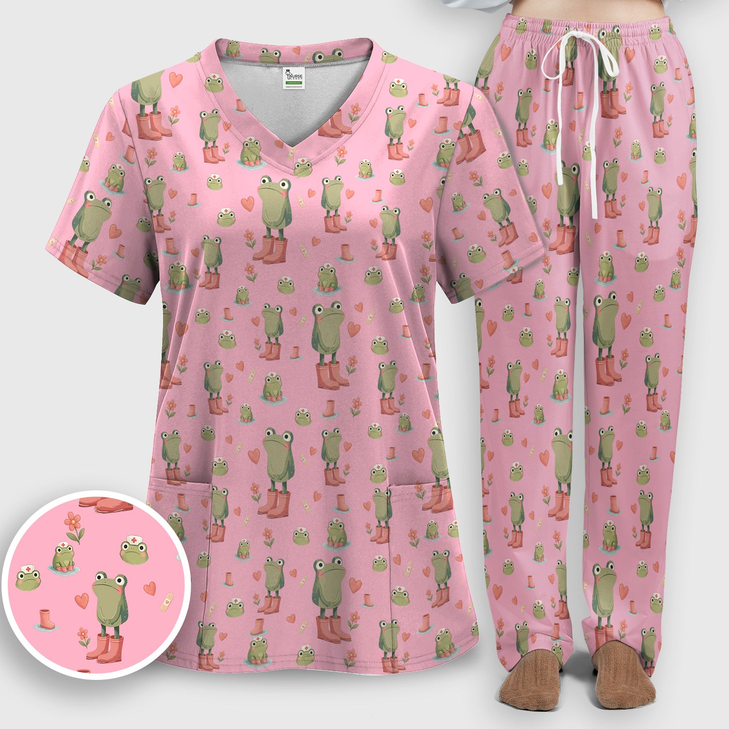 Adorable Frog Boots Heart Pattern Scrub Set, Nurse Uniform Scrubs Set