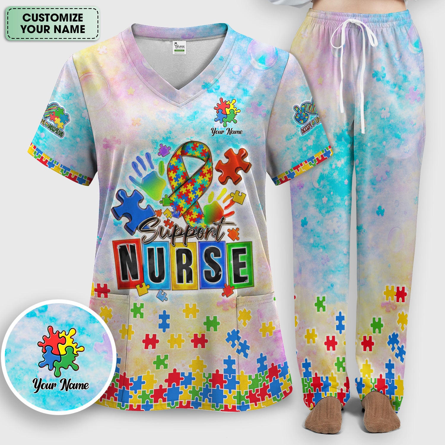 Personalized Inspirational Autism Awareness Nurse Puzzle Ribbon Pattern Scrub Set, Scrub Pants and V Neck Top