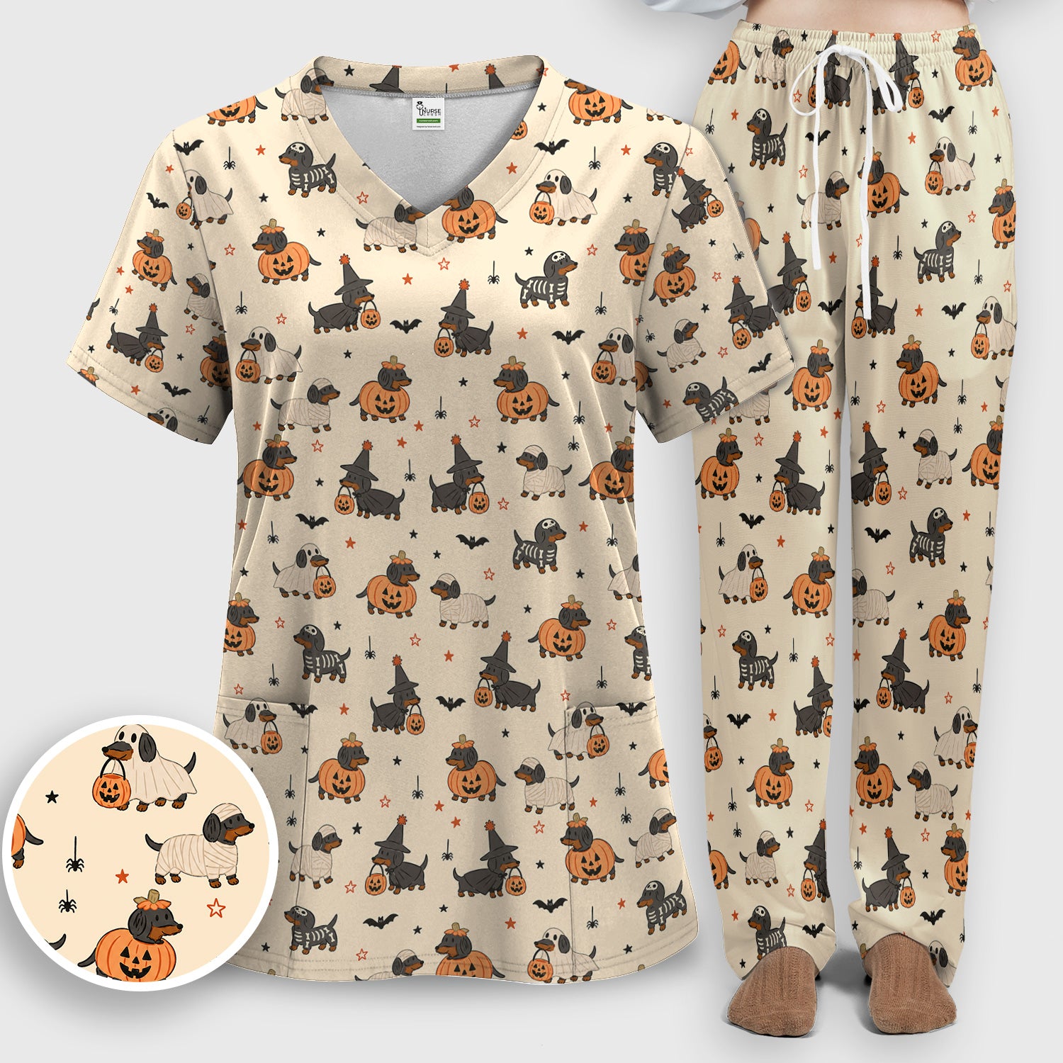 Halloween Dachshund Pattern Scrub Set, Scrub Pants and V Neck Top
