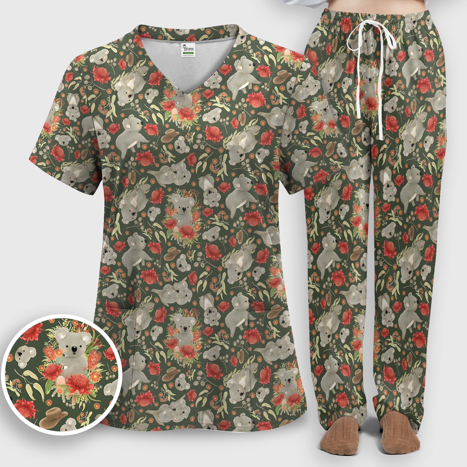 Cute Koala Wildflower Pattern Scrub Set, Scrub Pants and V Neck Top