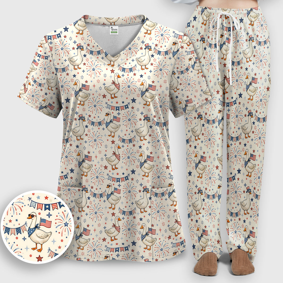 Patriotic Goose Fourth Of July Pattern Scrub Set, Scrub Pants and V Neck Top