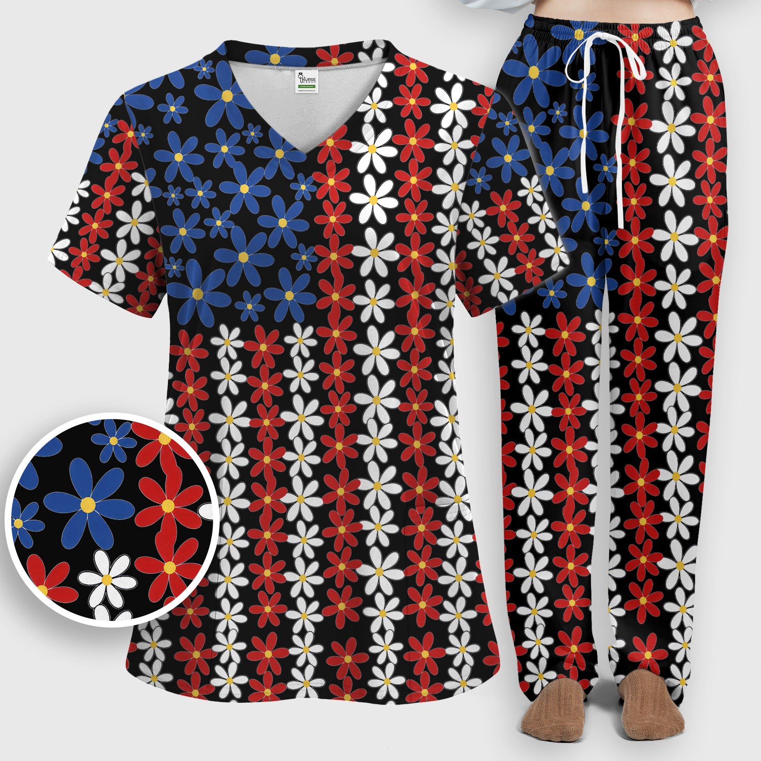 Retro Red Blue Daisy Stripe Pattern Scrub Top, Breathable Fabrics Nursing Uniform