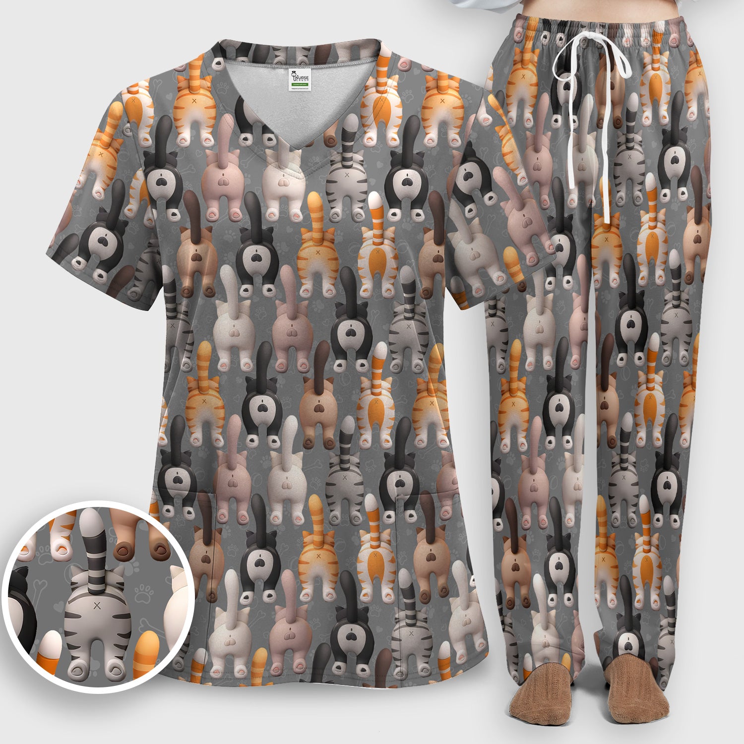 Funny Cat Butt Paw Print Pattern Scrub Set, Nurse Uniform Scrubs Set