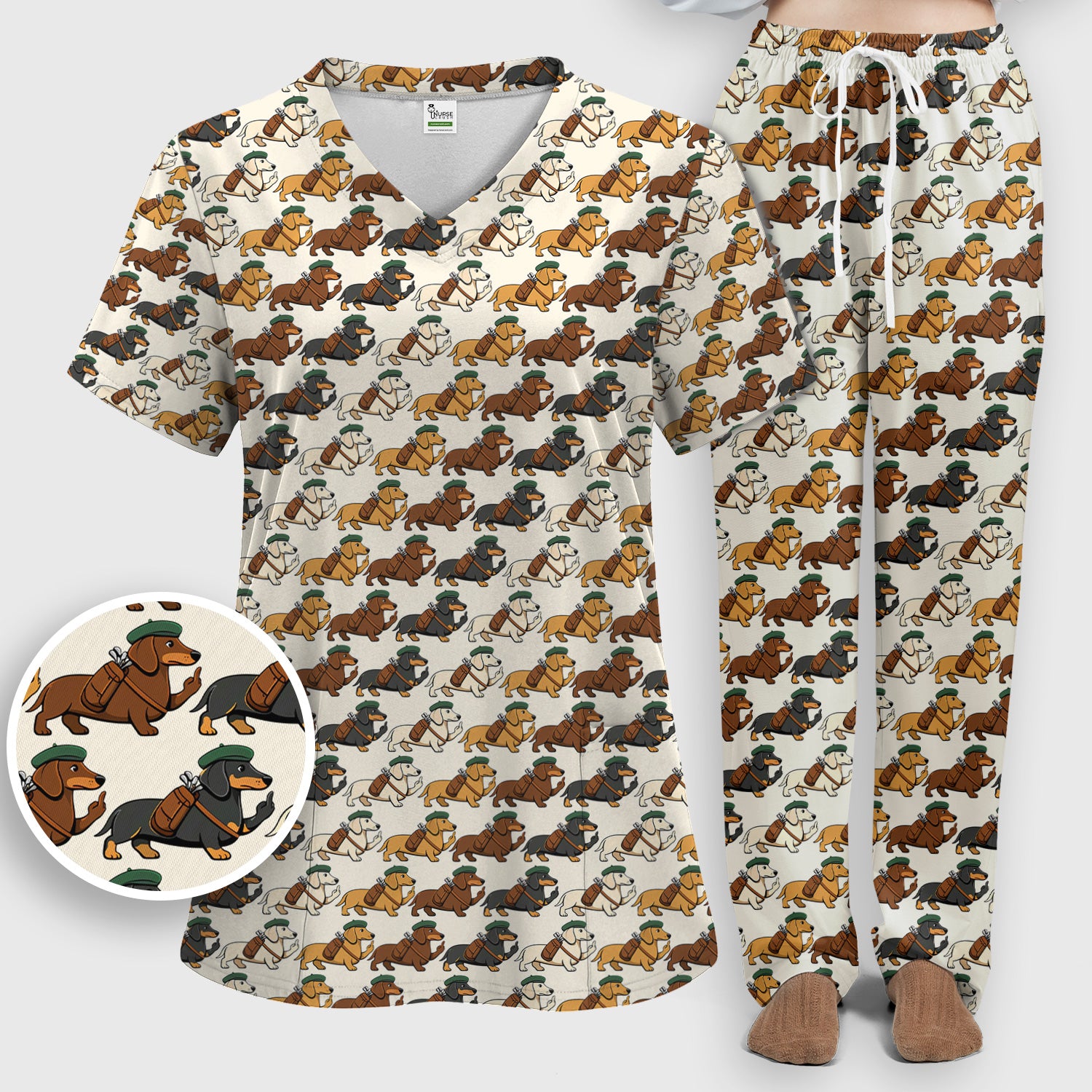 Cartoon Dachshund Dog Wearing Hat And Backpack Pattern Scrub Set, Scrub Pants and V Neck Top