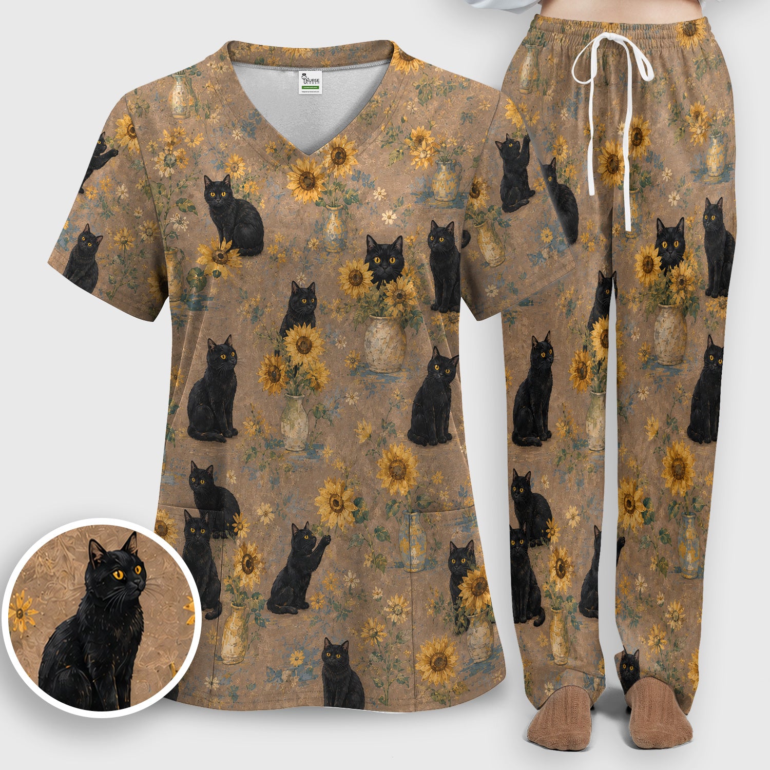 Rustic Sunflower Black Cat Print Scrub Set, Scrub Pants and V Neck Top