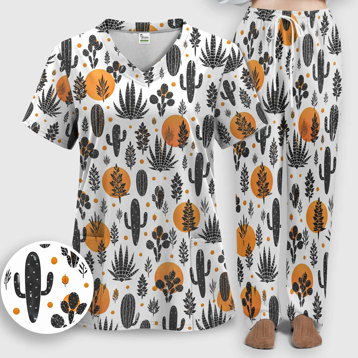 Desert Cactus Orange Sun Pattern Scrub Set, Scrub Pants and V Neck Top