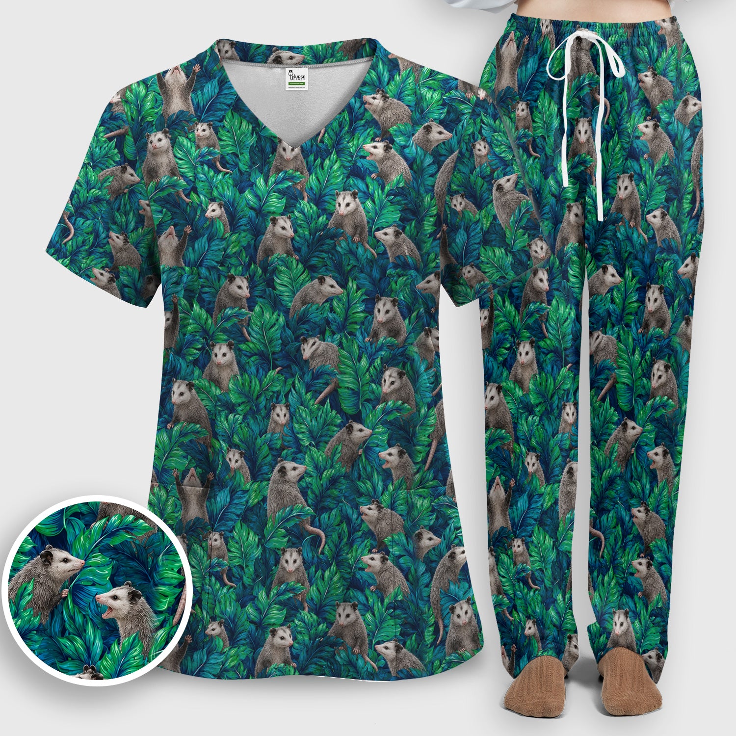 Tropical Opossum Jungle Leaves Pattern Scrub Set, Scrub Pants and V Neck Top