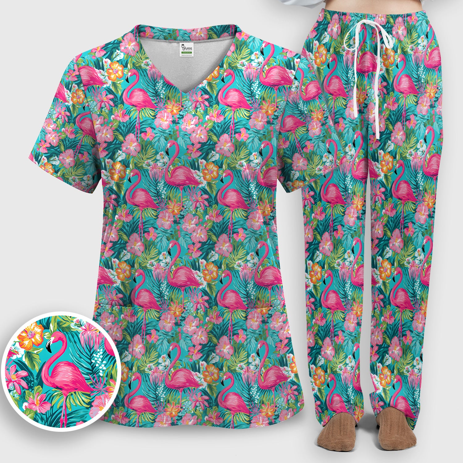 Tropical Flamingo Floral Pattern Scrub Set, Scrub Pants and V Neck Top