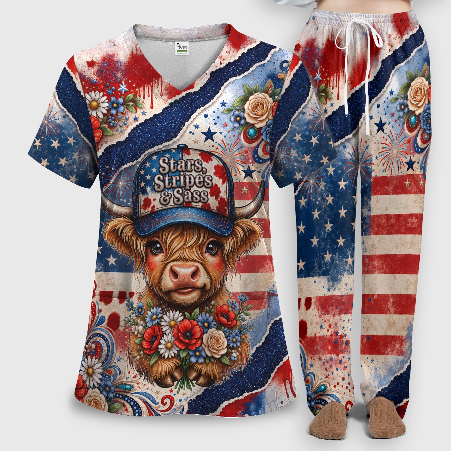 Patriotic Highland Cow Pattern, Healthcare Workers Scrub Set, Scrub Pants and V Neck Top