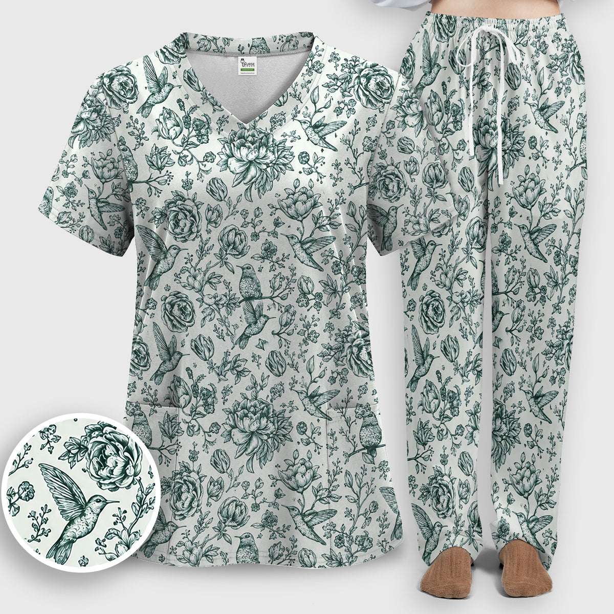 Vintage Hummingbird Pattern Scrub Set, Scrub Pants and V Neck Top