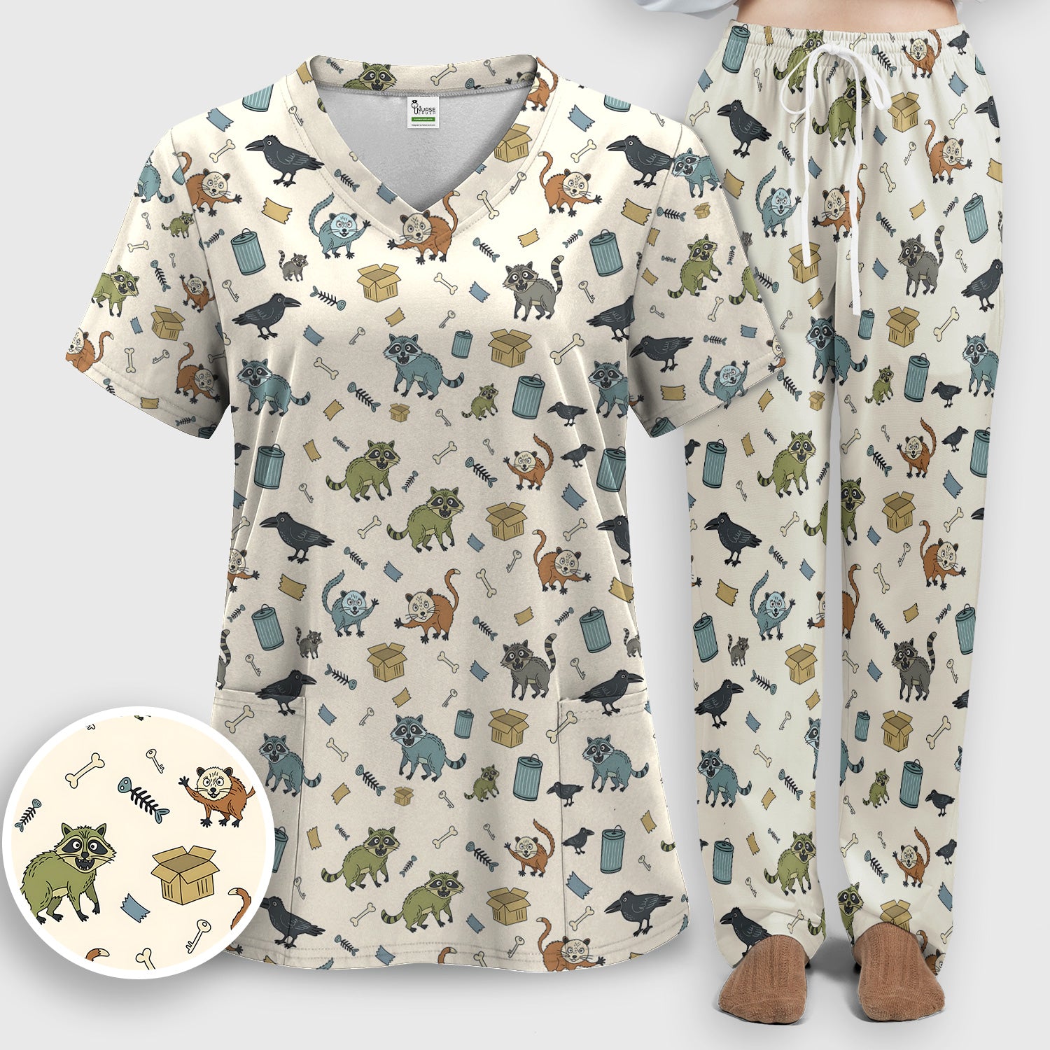Funny Trash Raccoon Pattern Scrub Set, Scrub Pants and V Neck Top