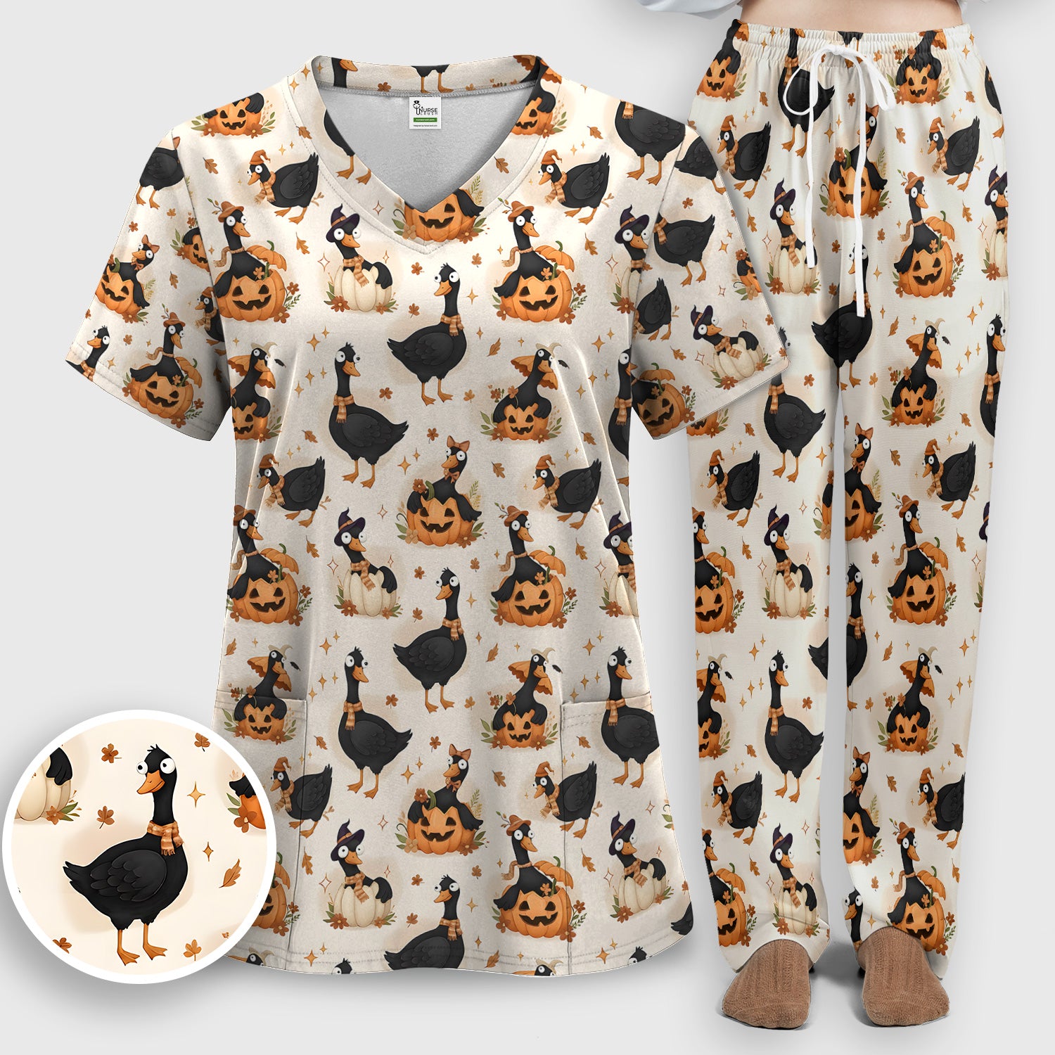 Pumpkin Black Goose Print Scrub Set, Scrub Pants and V Neck Top