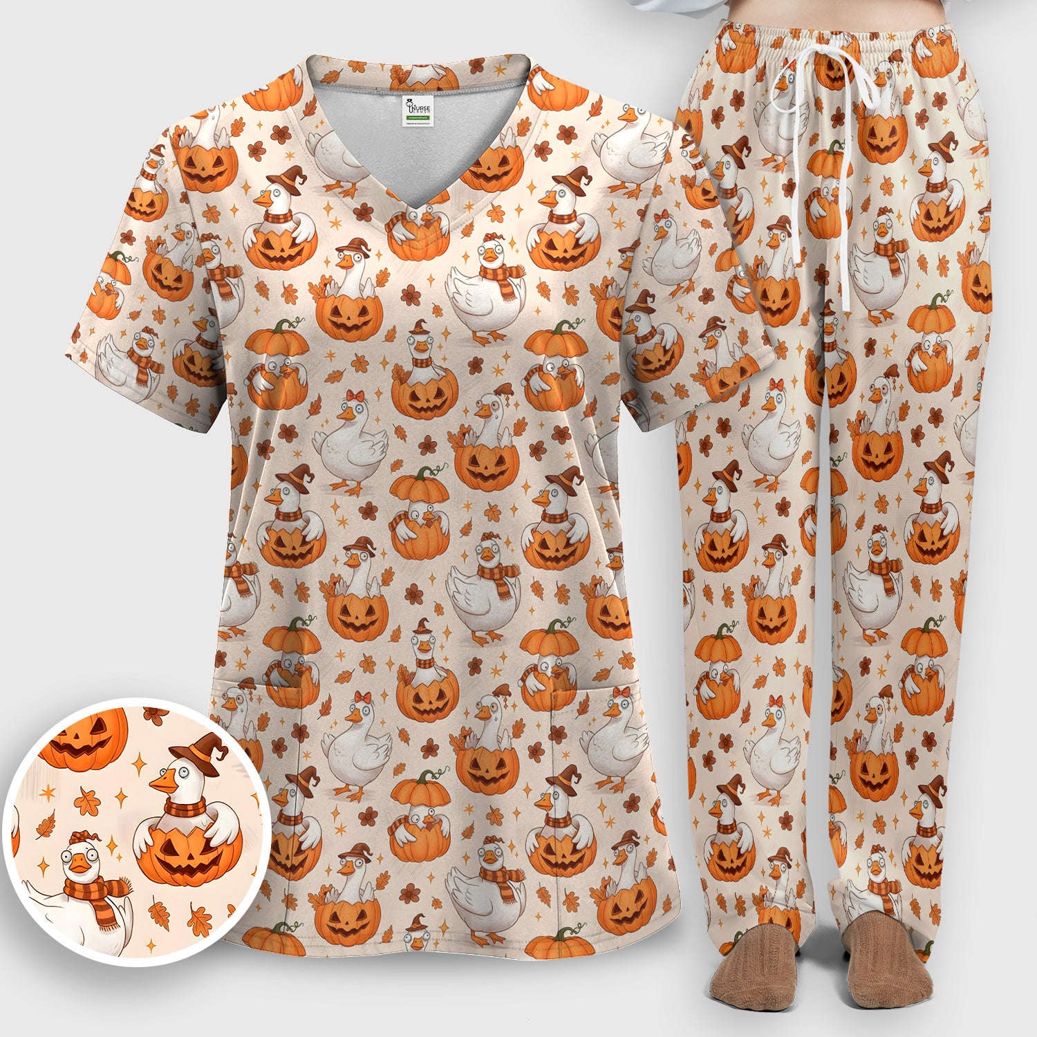 Cute Halloween Goose And Pumpkins Scrub Set, Scrub Pants and V Neck Top