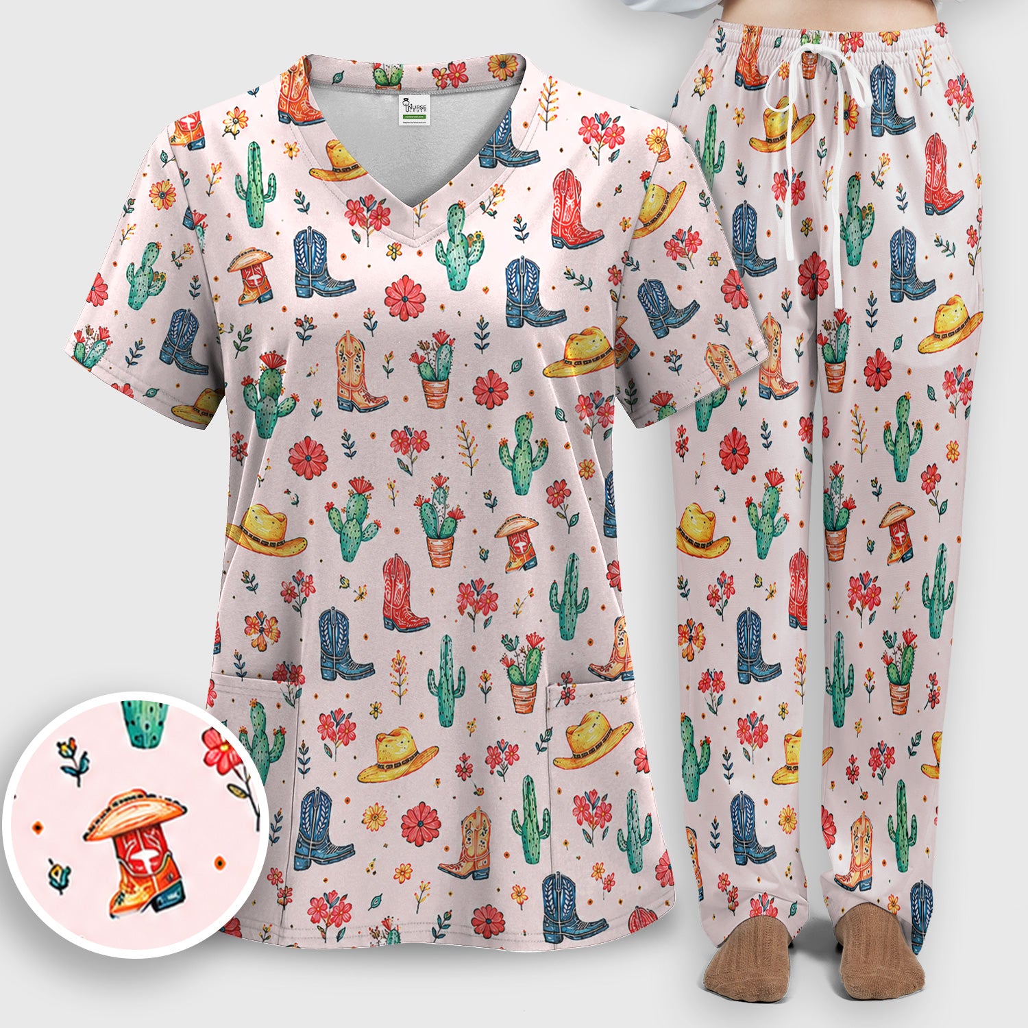 Whimsical Western Cactus Boots Pattern Scrub Set, Scrub Pants and V Neck Top