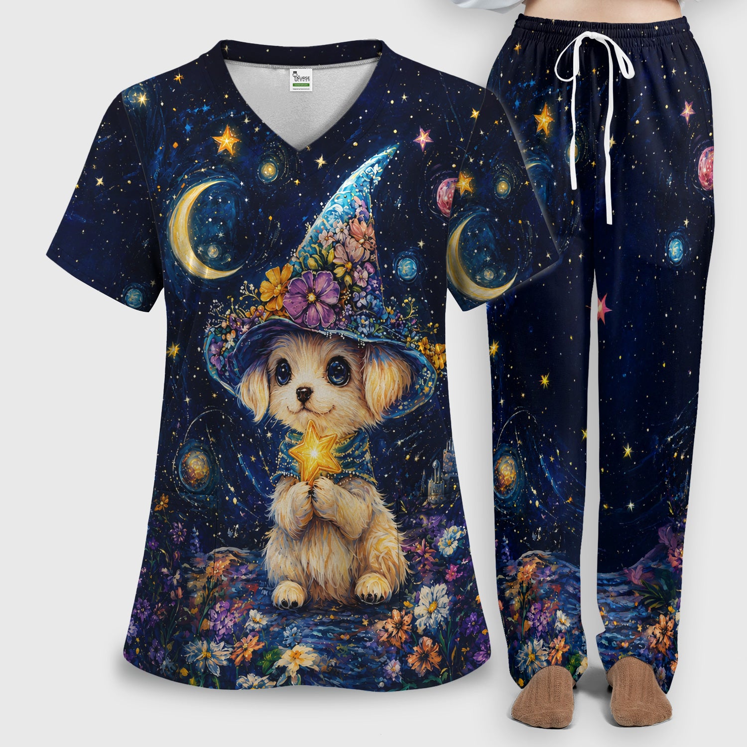 Cute Puppy Wizard Nurse Pattern Scrub Set, Scrub Pants and V Neck Top
